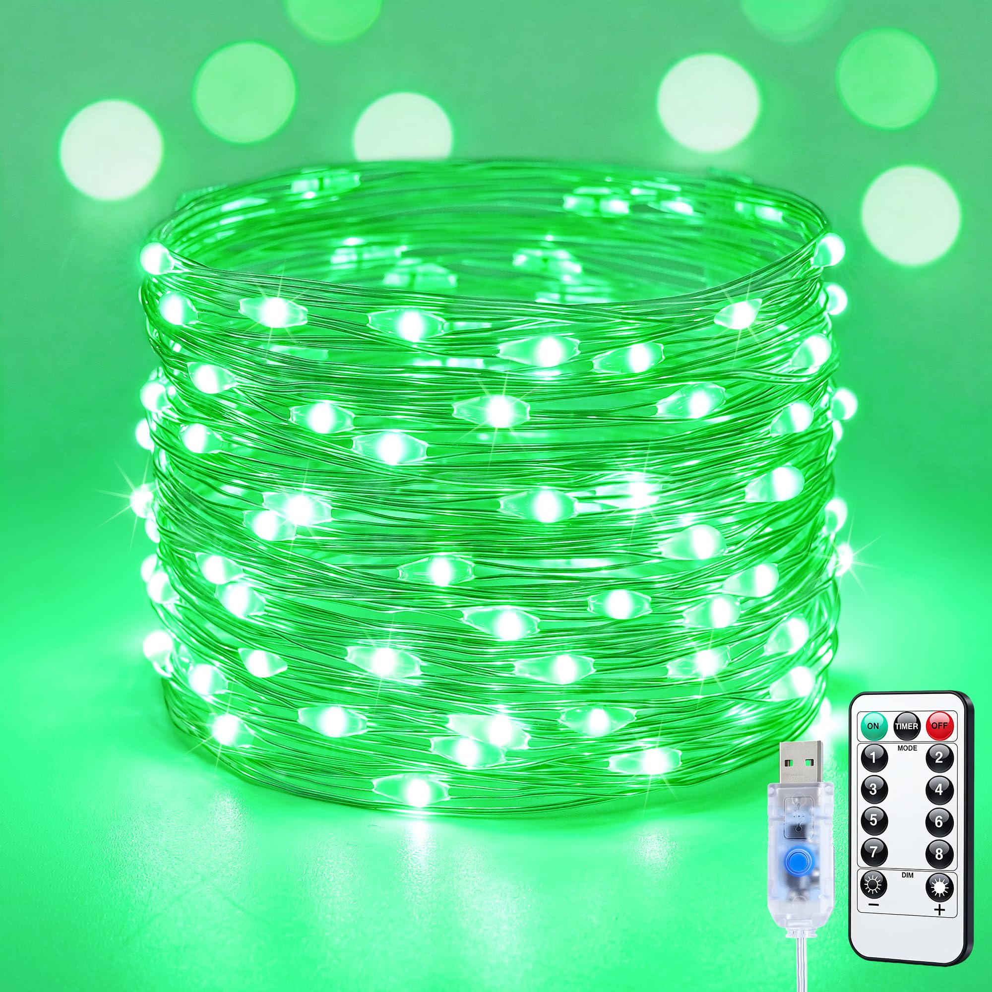 JMEXSUSS 100 LED Green Fairy Lights Plug in with Remote, 33 ft USB String Twinkle Lights Indoor Outdoor with Wheel, Green Christ