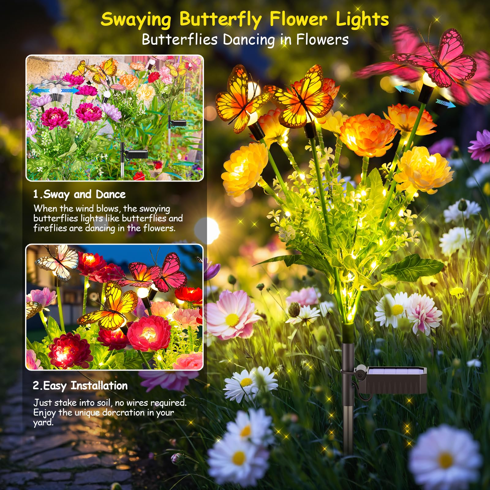 Garpar Solar Garden Lights - 3 Pack Butterfly & Flower Design, Waterproof Outdoor Decor, Yellow, Pink, Purple, Model: Butterfly Flower Lights03