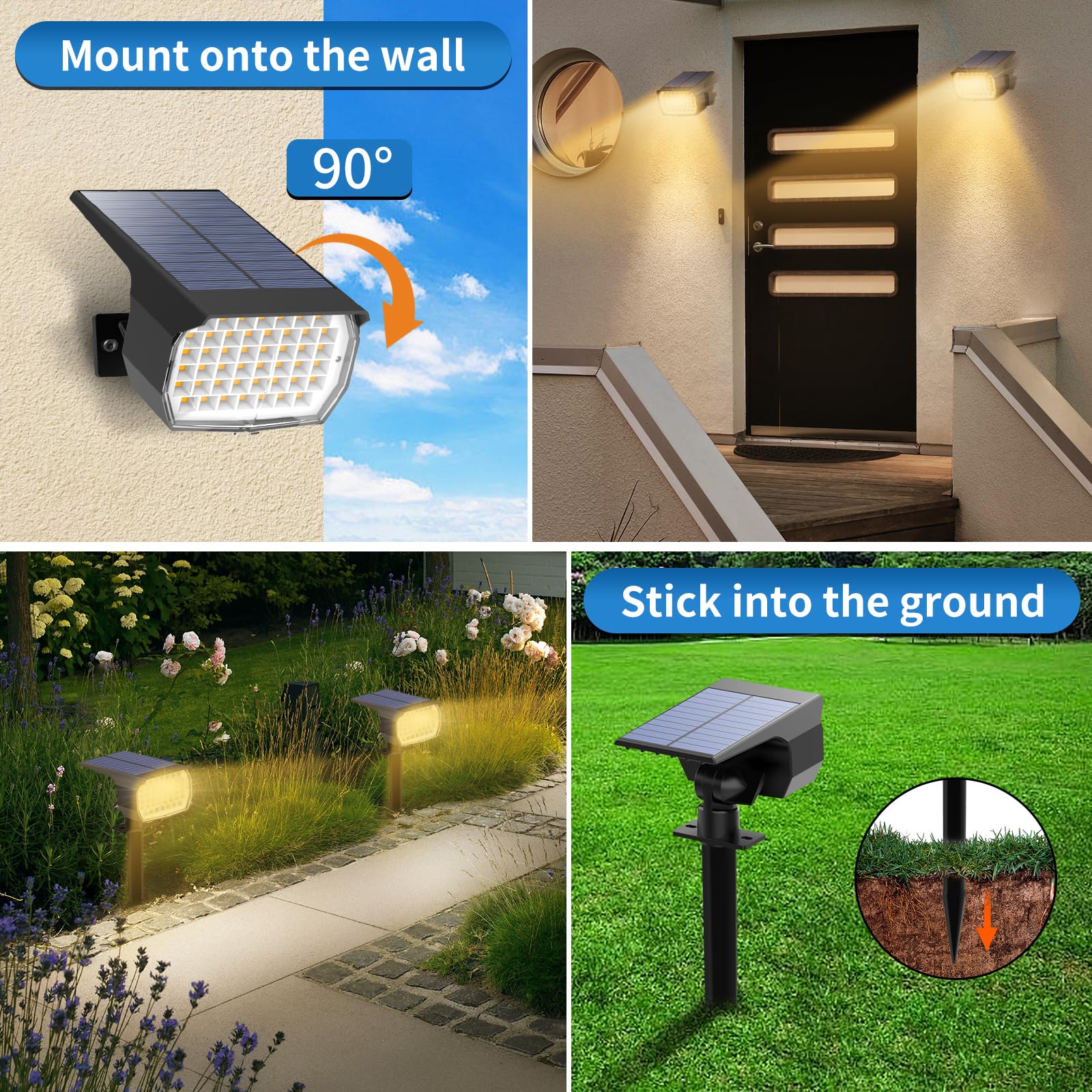 Tadyreal Solar Spot Lights 46 LED 3 Modes Waterproof 2 Pack Warm White CPD-46