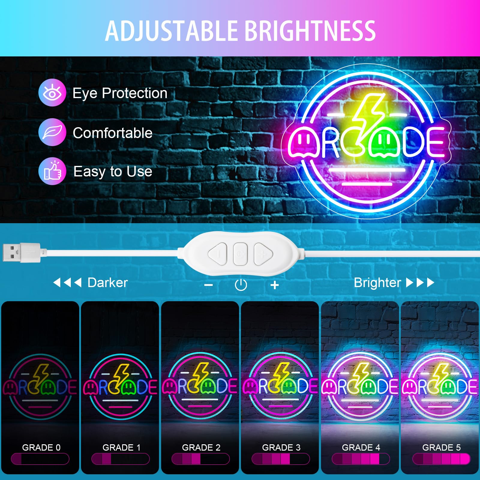 Basaneon Gamer Neon Sign, Dimmable LED Wall Decor, 13.3inx13.3in, C-Arcade, Model ZF-ARCADE, USB Powered, Best Gifts for