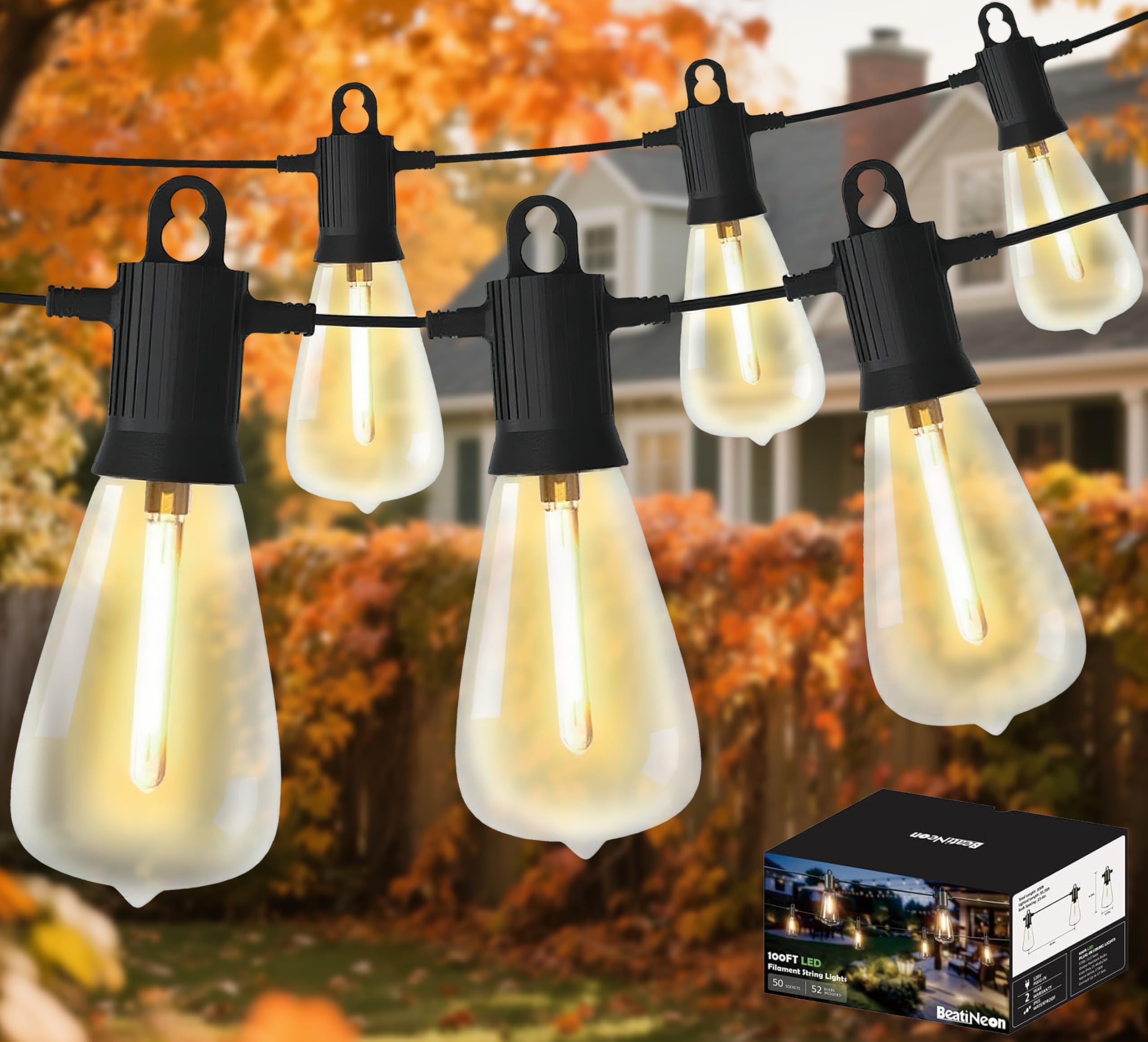 LED Outdoor String Lights 100FT, Waterproof Patio Lights with 52 (50+2 Spare ST38 Shatterproof Replaceable Bulbs), Connectable D