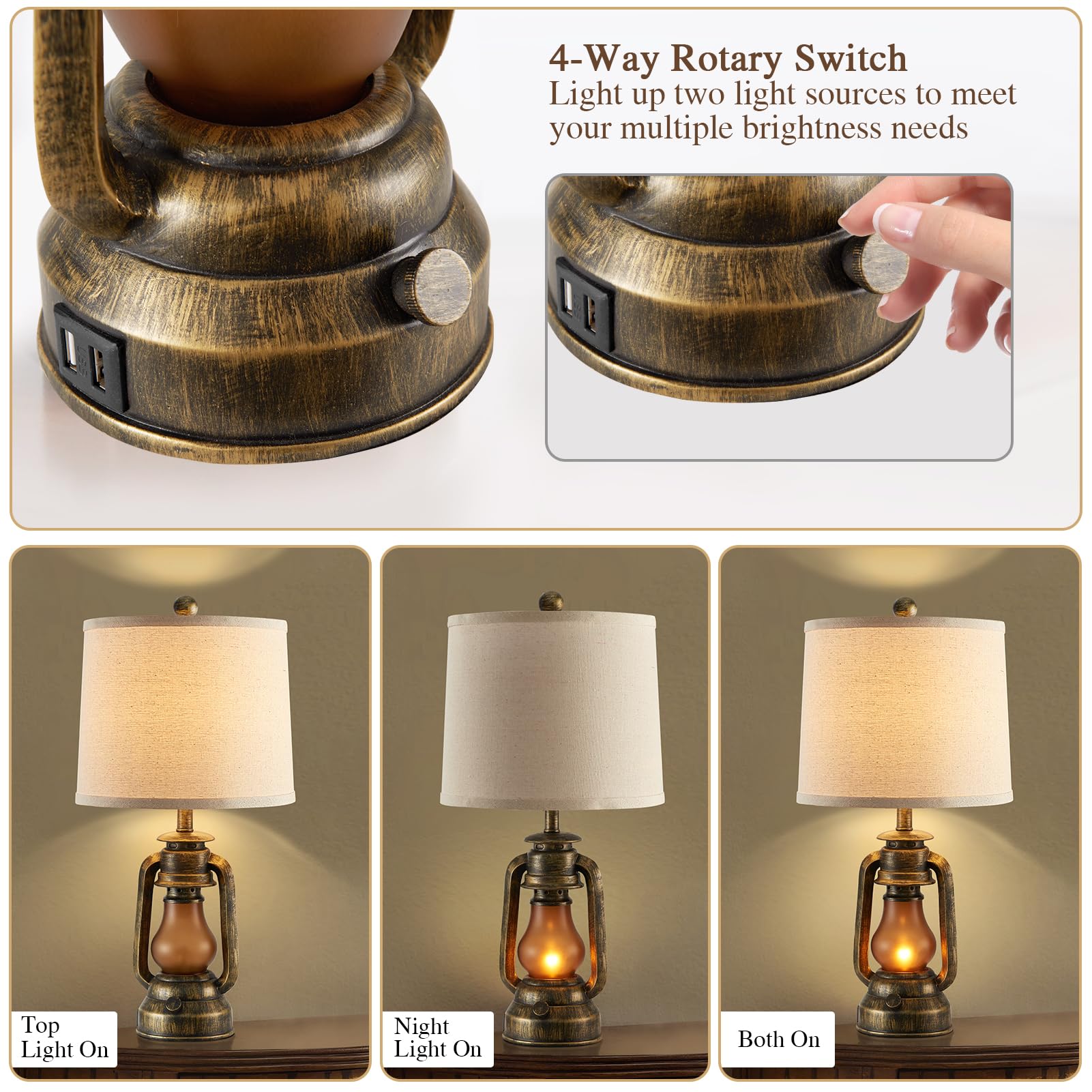 RORIANO Farmhouse Lantern Table Lamps Set of 2, 22-Inch Brass Color with USB Ports, Rustic Vintage Nightstand Lamps, Model RO-8855