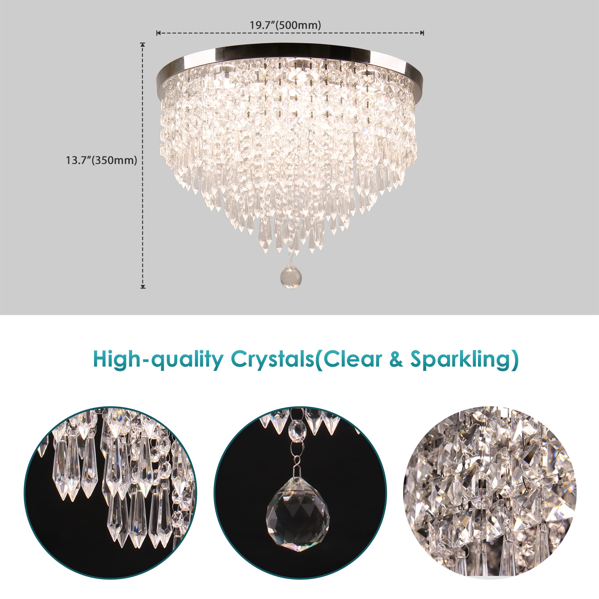 Ypqxyhda 19.7'' Crystal Chandeliers Led Crystal Ceiling Light With Remote Control Modern Flush Mount Chandelier For Bedroom Livi