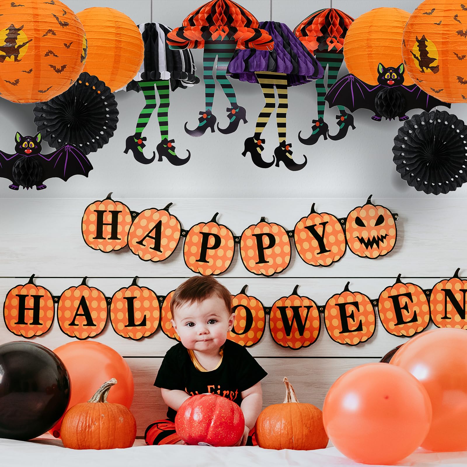 UNIQOOO Halloween Paper Lanterns, 12 Pcs Witch Bat Design, Metal, 8in-12in, Orange Black Purple