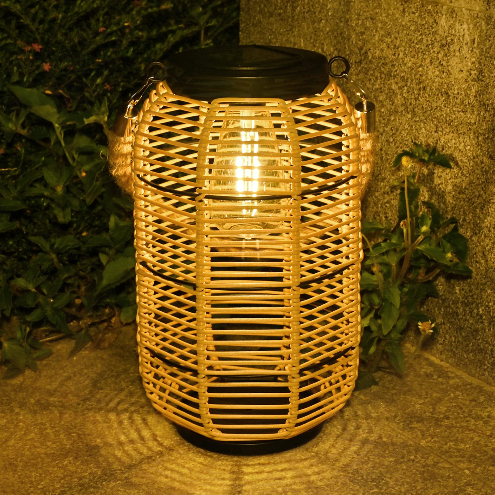 Livinlarge Solar Lantern - Outdoor Hanging Light, Waterproof Rattan with Twine Handle, Bright Edison Bulb, Multicolor, Model 434