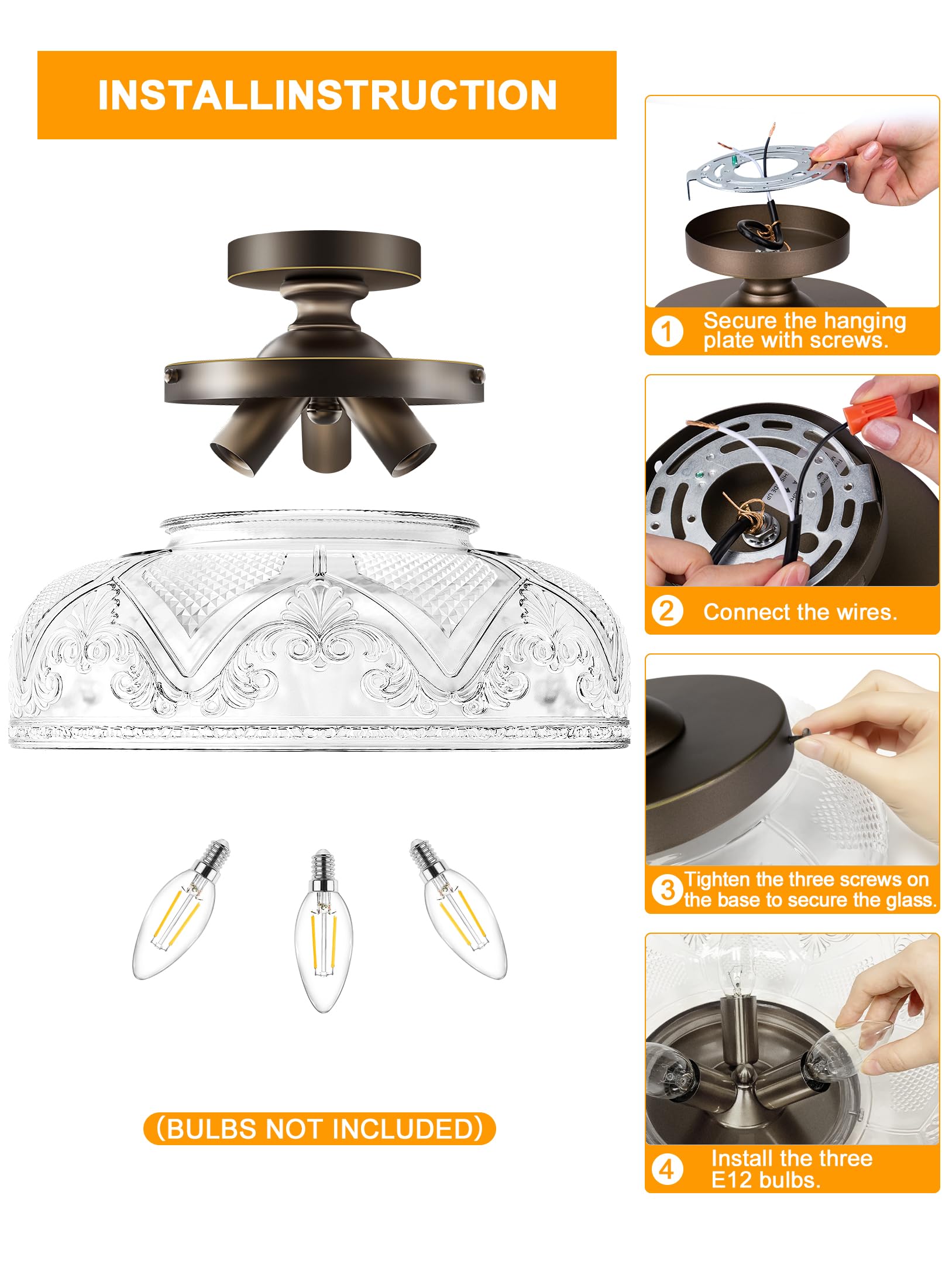Slypadan Semi Flush Mount Ceiling Light, 12" Bronze Fixture, 3-Light Globe, Durable Metal, Black and Gold, Model 3011C-3CC-1PUS