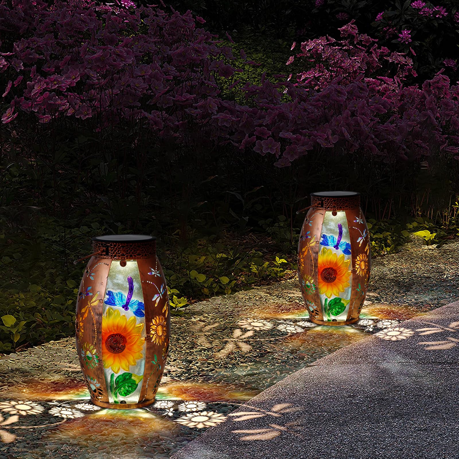 Solar Lanterns Outdoor Hanging Lights Decor Dragonfly Lantern Waterproof Metal Led Sunflower Light Decorative Garden Yard Patio Lawn Gifts For Women Mom