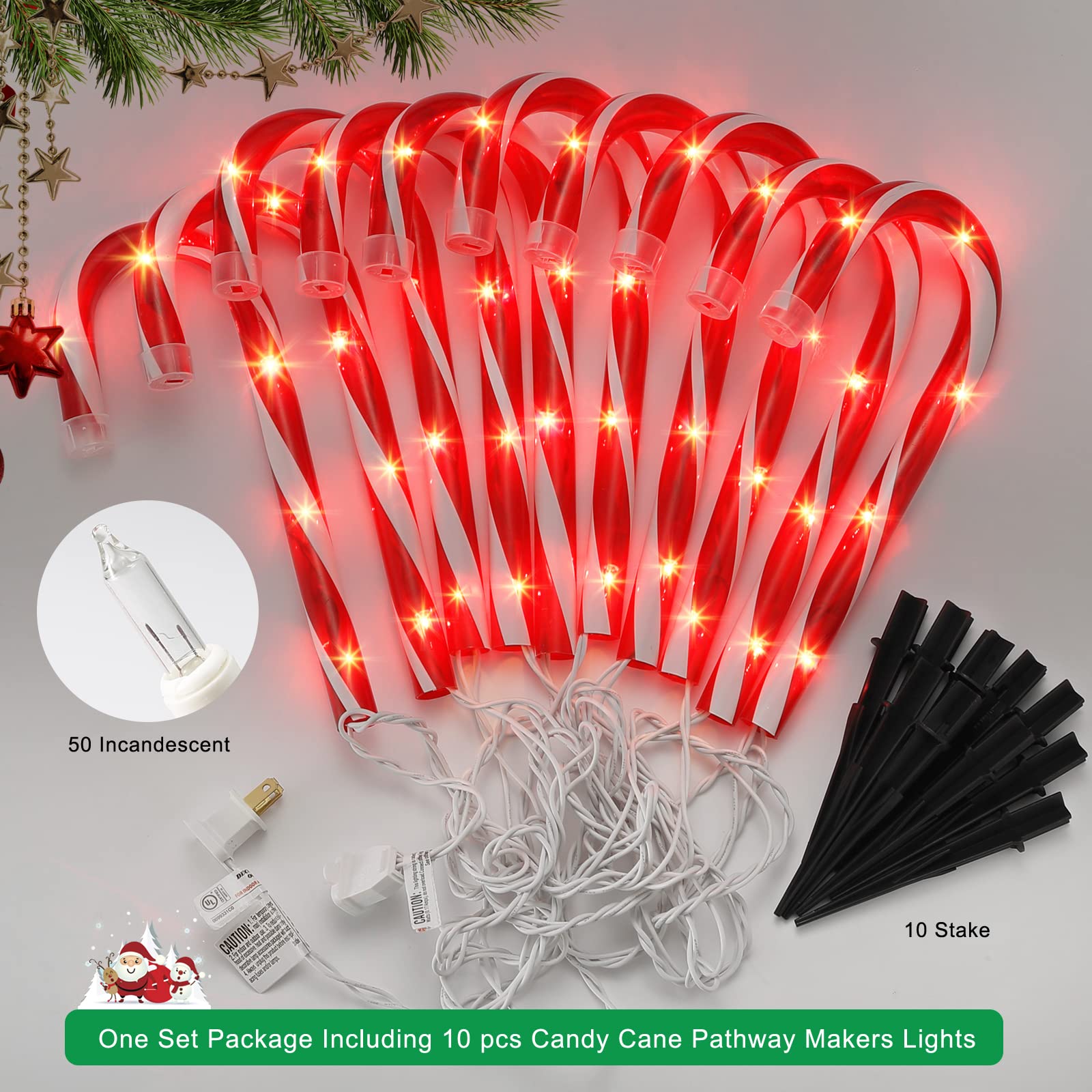 Christmas Candy Cane Pathway Markers Lights, Candy Canes Lights Outdoor, 10 Inch Set Of 10 Pack Christmas Candy Cane Lights Deco
