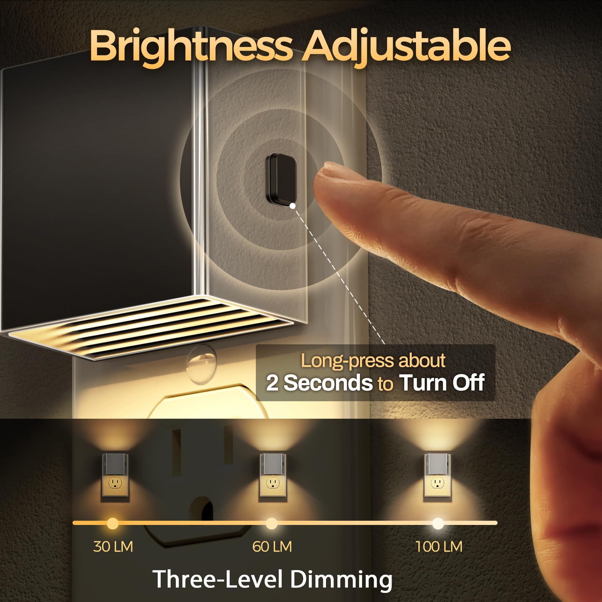 DORESshop LED Night Lights Plug into Wall, 3 Level Brightness, Dusk to Dawn Sensor, 2 Packs, Silver Cover