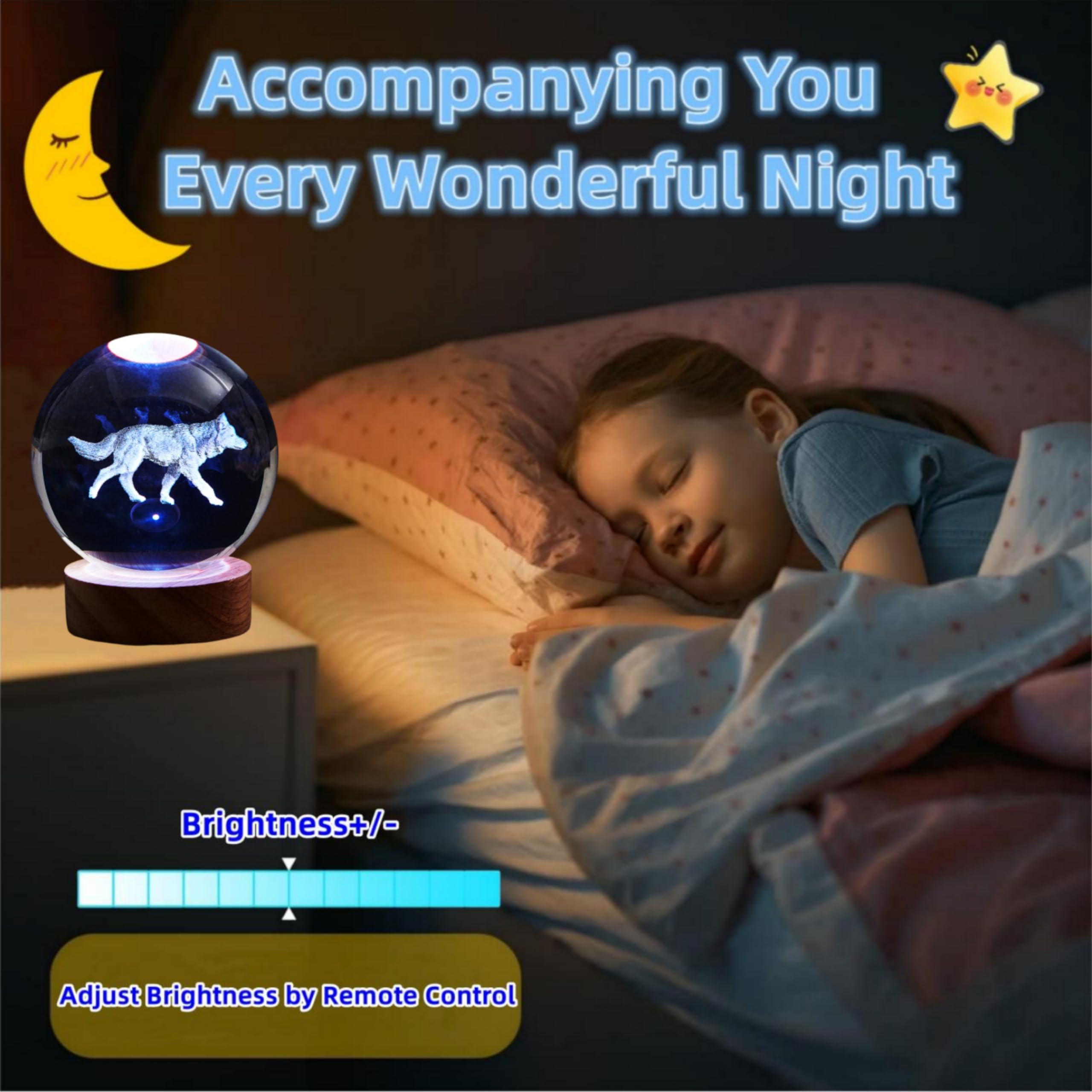 Conalisk 3D Wolf Crystal Ball Lamp - Dimmable Remote Control, 16 Colors, Wolf Design