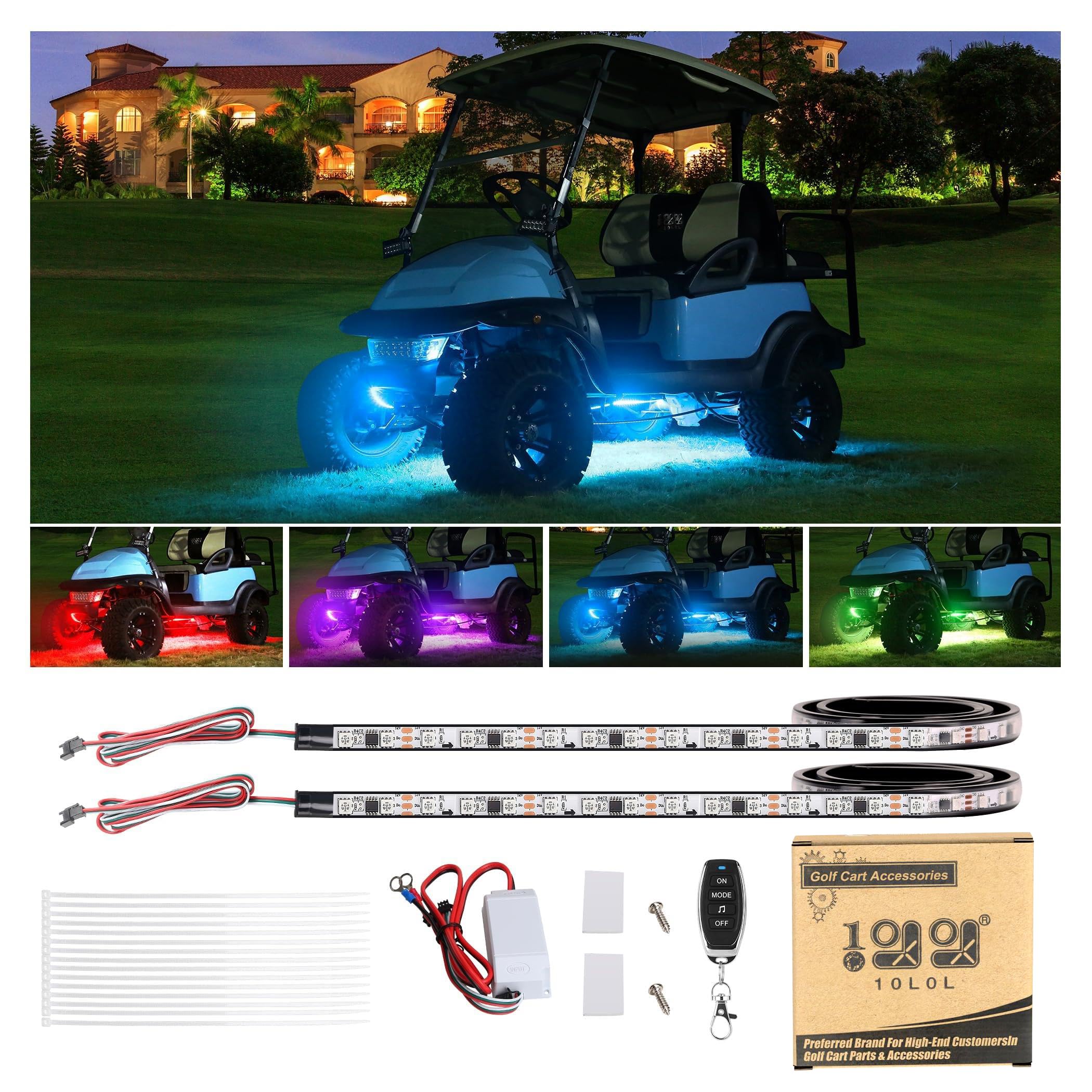 10L0L Golf Cart LED Light Strip Kit, 14 Modes, Wireless Remote, Sound Active, 126 LEDs, 86 Inch, 2 Pack, Water Resistant