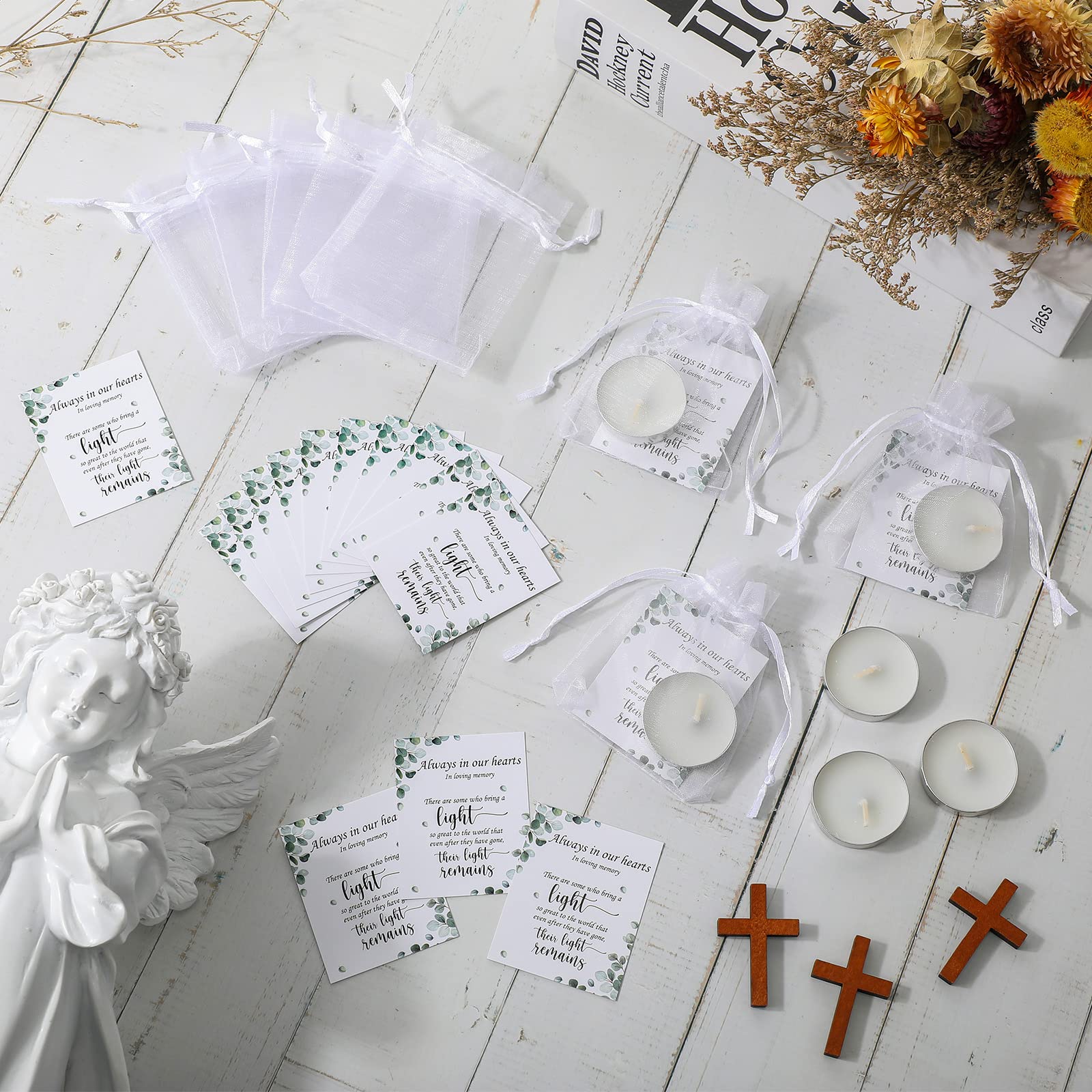 50 Set Funeral Party Favors Memorial White Candles Unscented Funeral Gifts Tealight Candles With Condolence Bereavement Cards And Organza Bags For Guest Celebration Of Life Decorations (Stylish)
