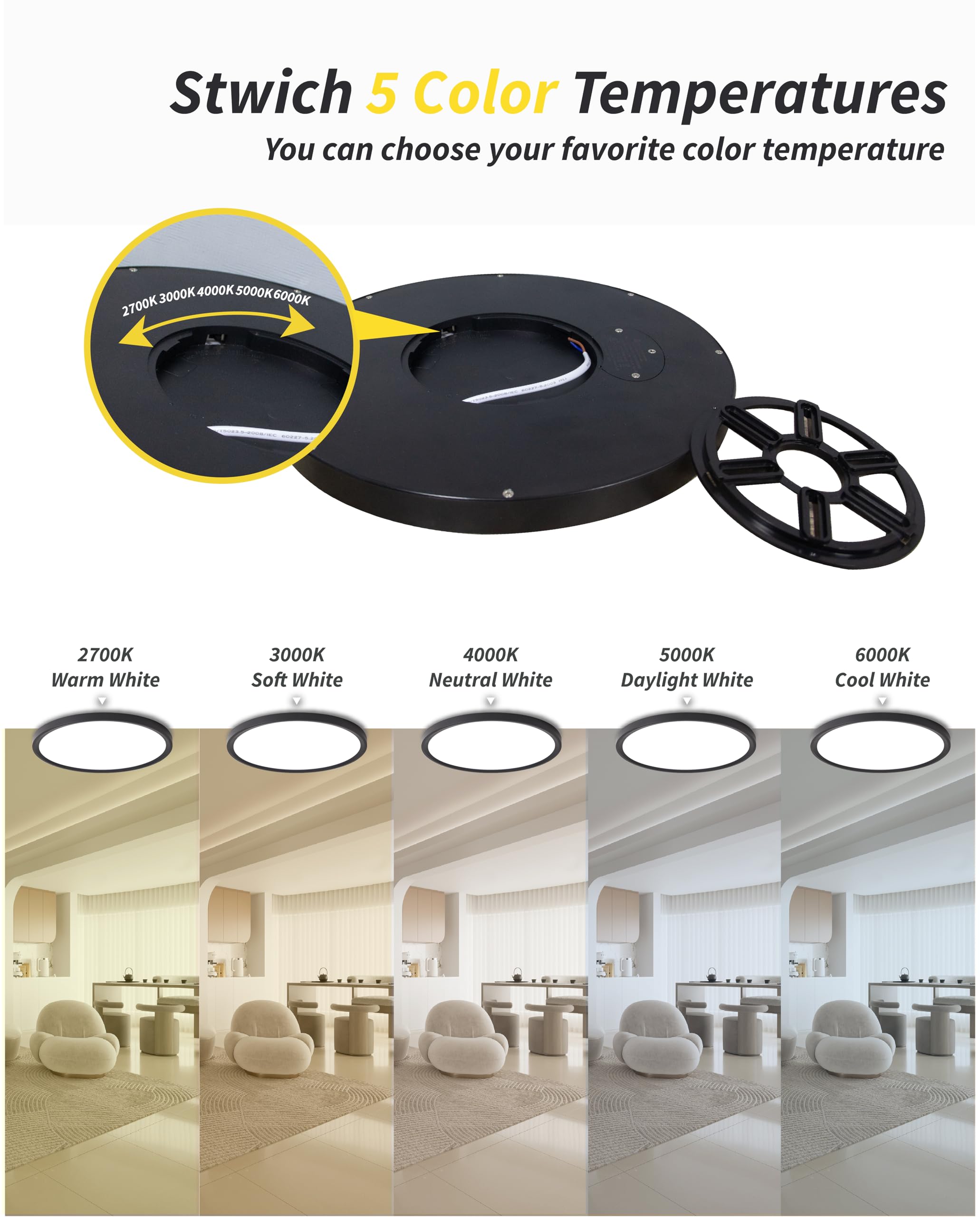 Dimmable Led Flush Mount Ceiling Light Fixture,Round 12Inch 24W 2700K-6000K, 5Cct Selectable, Modern Flat Panel Super Slim Led C