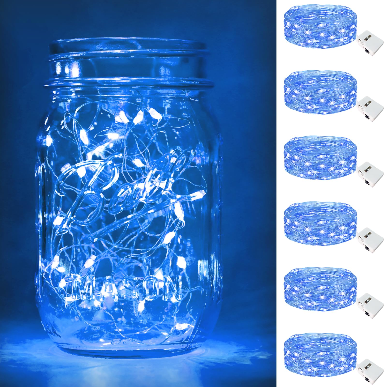 btfarm 6 Pack Fairy Lights Battery Operated [3 Modes]  7ft 20 Led Twinkle Lights String Lights Waterproof Bulk Small Mini Silver Wire for Mason Jars Vases Wedding Table Centerpiece  Blue