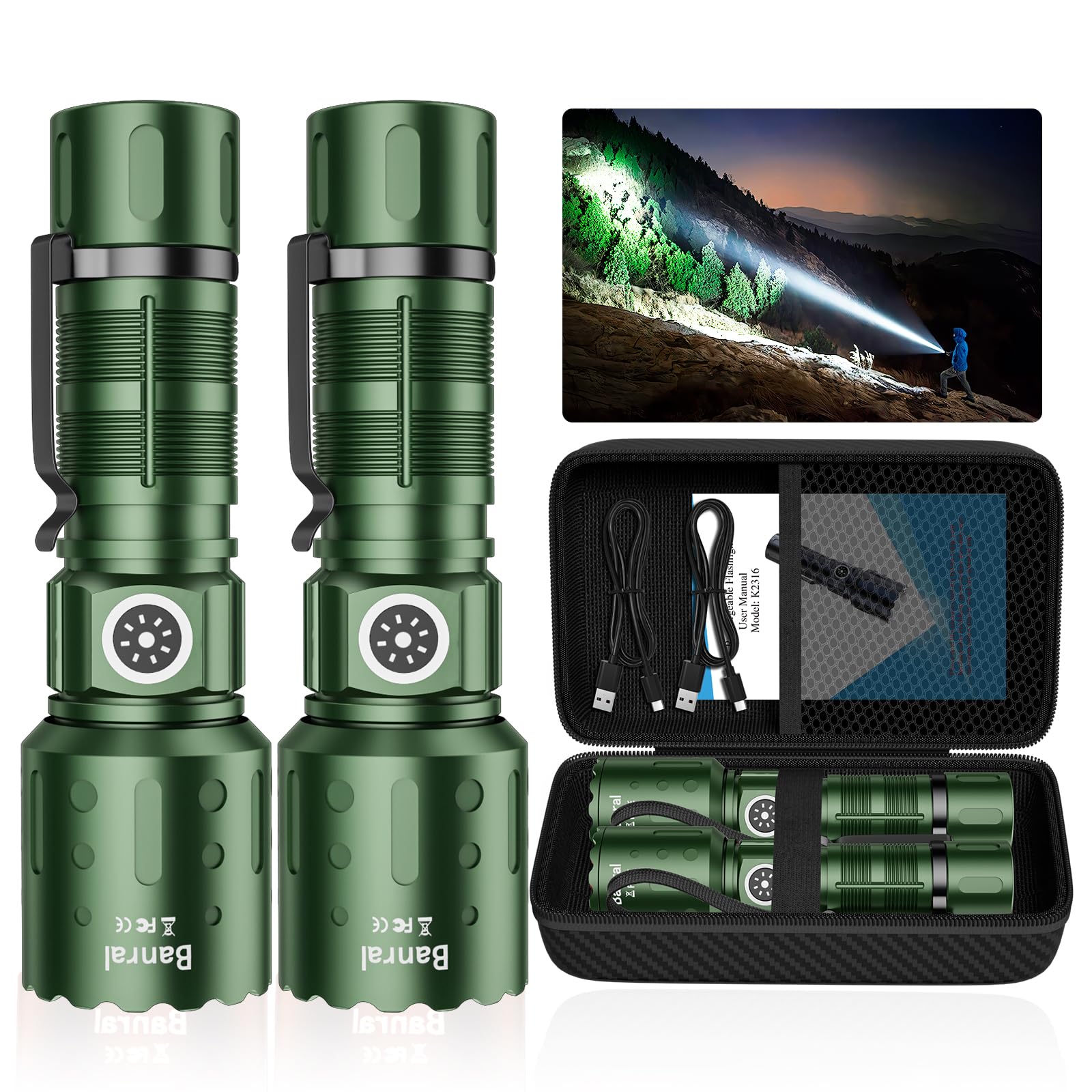Banral High Lumens Rechargeable Flashlight, 6 Modes, Waterproof, Small, Green, Model K-2316-B