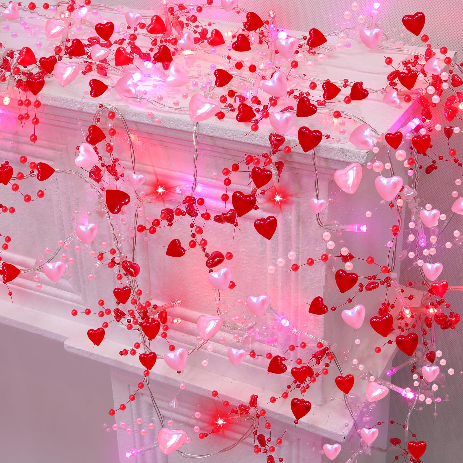 [Timer] 2 Pack Valentines Day Decorations Pink&Red Hearts Lights, Valentines Day Garland with Lights Total 13Ft 40LED Beads Hear