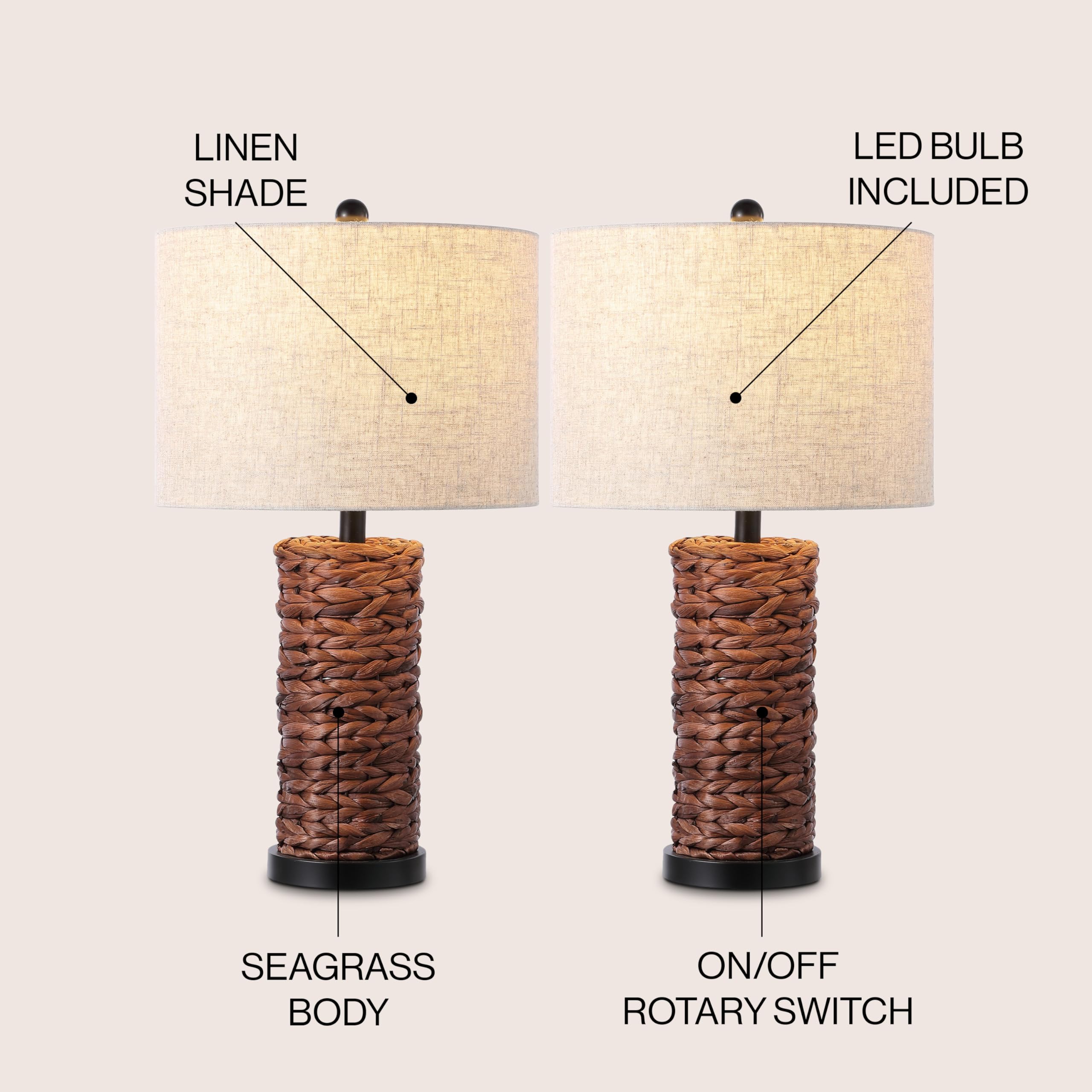 JONATHAN Y Elicia Coastal LED Table Lamp Set of 2 - 25" Dark Brown Water Hyacinth for Bedroom, Living Room, Office