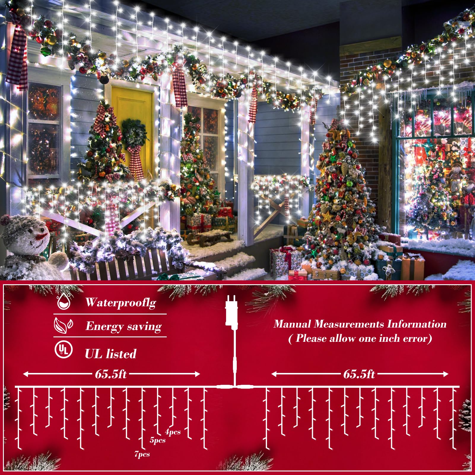 XURISEN Christmas Lights - 1280 LED Curtain Fairy Lights, 132ft, Cool White, 8 Modes, Waterproof with Timer, Model BG-CL3M3-306L01