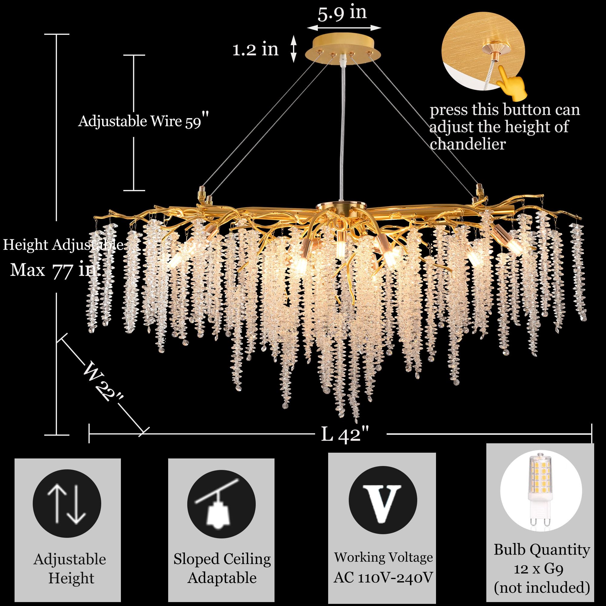 Upfelw Modern Crystal Chandelier, Gold 13-Light Pendant Fixture, 40'' for Dining Room, Kitchen, Living Room, UBC-G13-0426