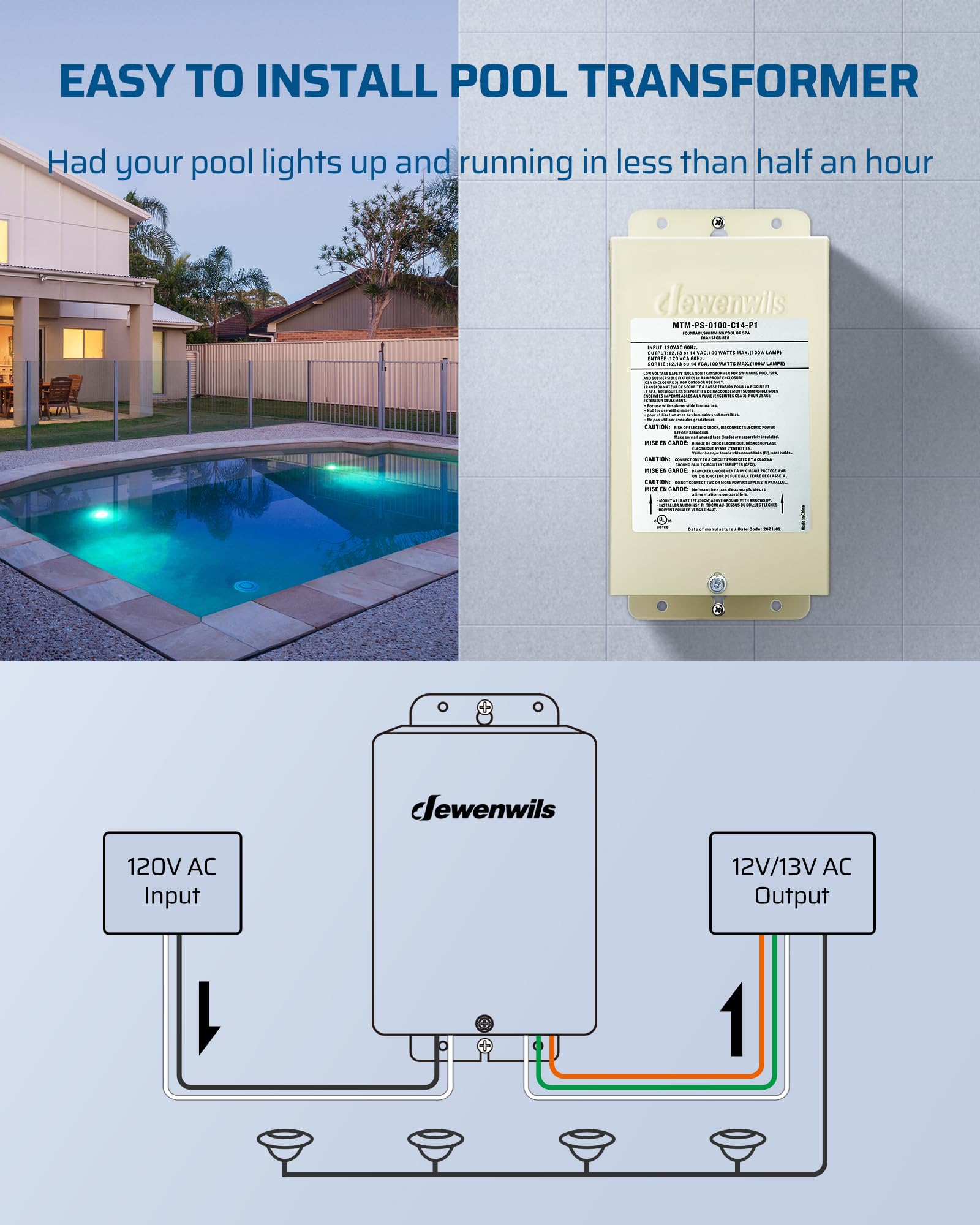 DEWENWILS 100W Pool Light Transformer, 120V AC to 12V-14V AC, Stainless Steel, Mud Color, Model HOSL07A, UL Listed