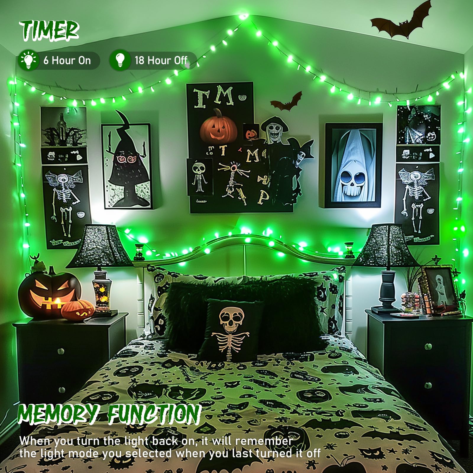 JMEXSUSS Green String Lights, 150 LED Connectable, 59ft, 8 Modes, Indoor/Outdoor Christmas/Halloween Decor
