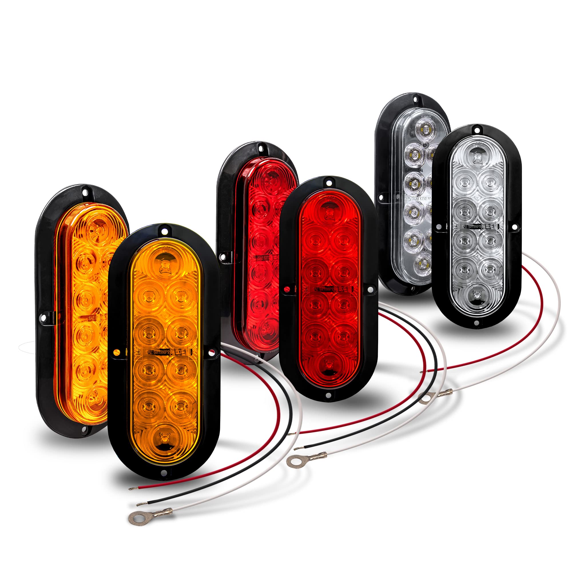 2 Red + 2 Amber + 2 White 6 Inch Oval Led Trailer Tail Light Kit Kit [Surface-Mount] [Dot Fmvss 108 & Sae] [Ip67 Waterproof] Stop Brake Turn Reverse Back Up Trailer Lights For Rv Truck