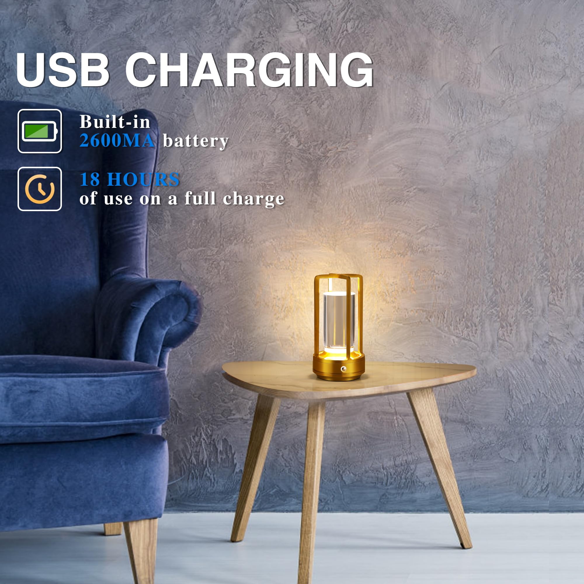 Anxingtools Portable Metal Table Lamp, Cordless, Battery Operated, 3 Light Colors, Gold, 3.54"D x 3.54"W x 6.89"H, Model