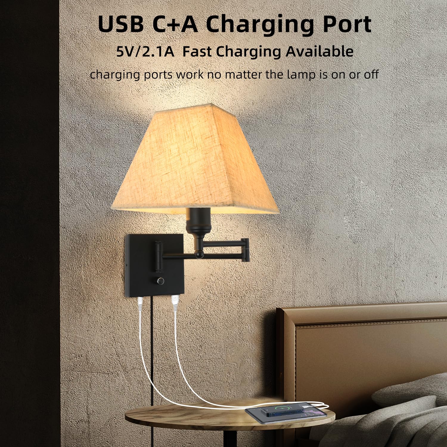 13'' Modern Swing Arm Wall Lamp Plug In Wall Sconce With Usb And Type-C Port Wall Mounted Lamp With Dimmable Switch Black Wall S