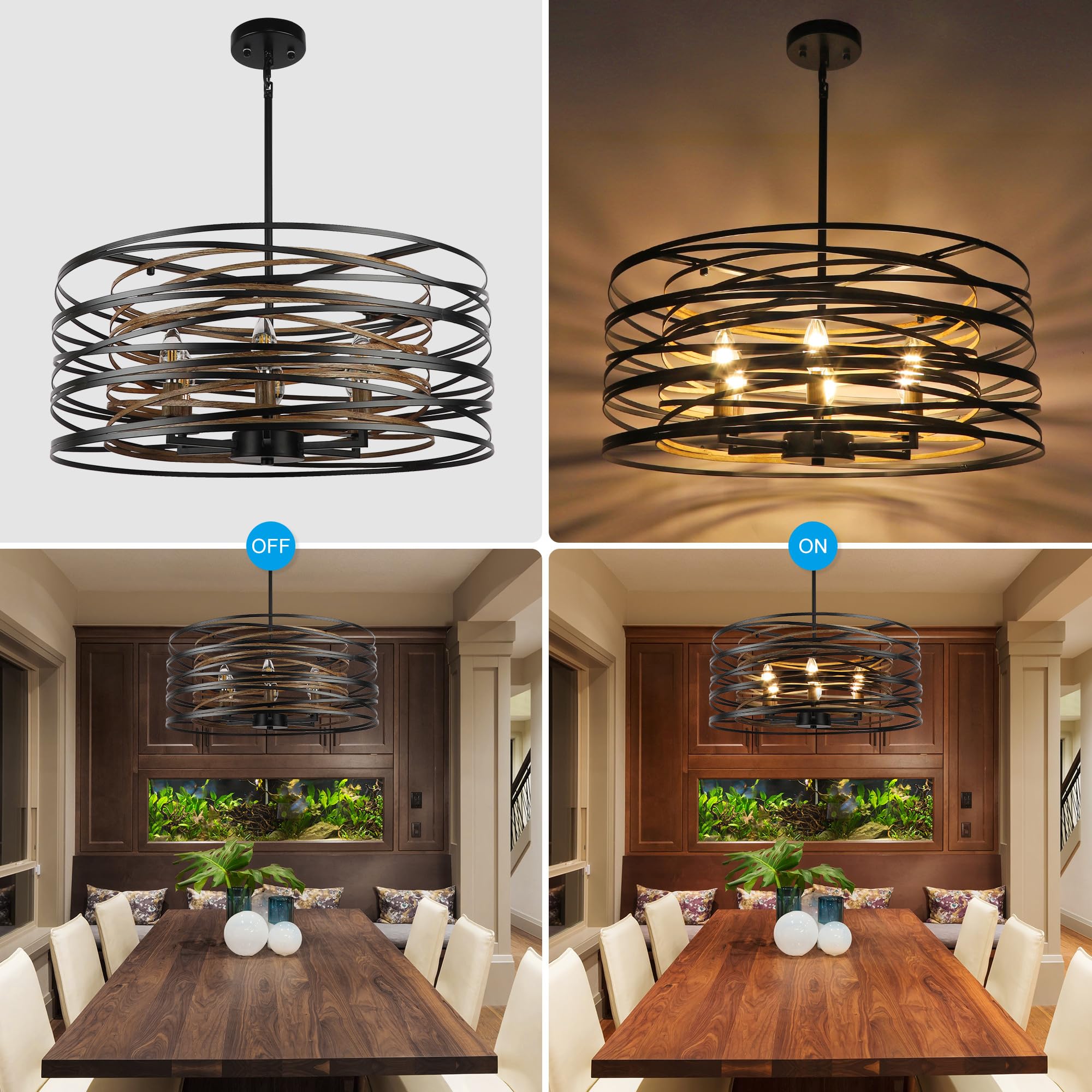 Acnktz 23.6'' Rustic Large Drum Chandeliers For Dining Room, 6-Light Modern Farmhouse Lighting For Kitchen Island, Retro Round E