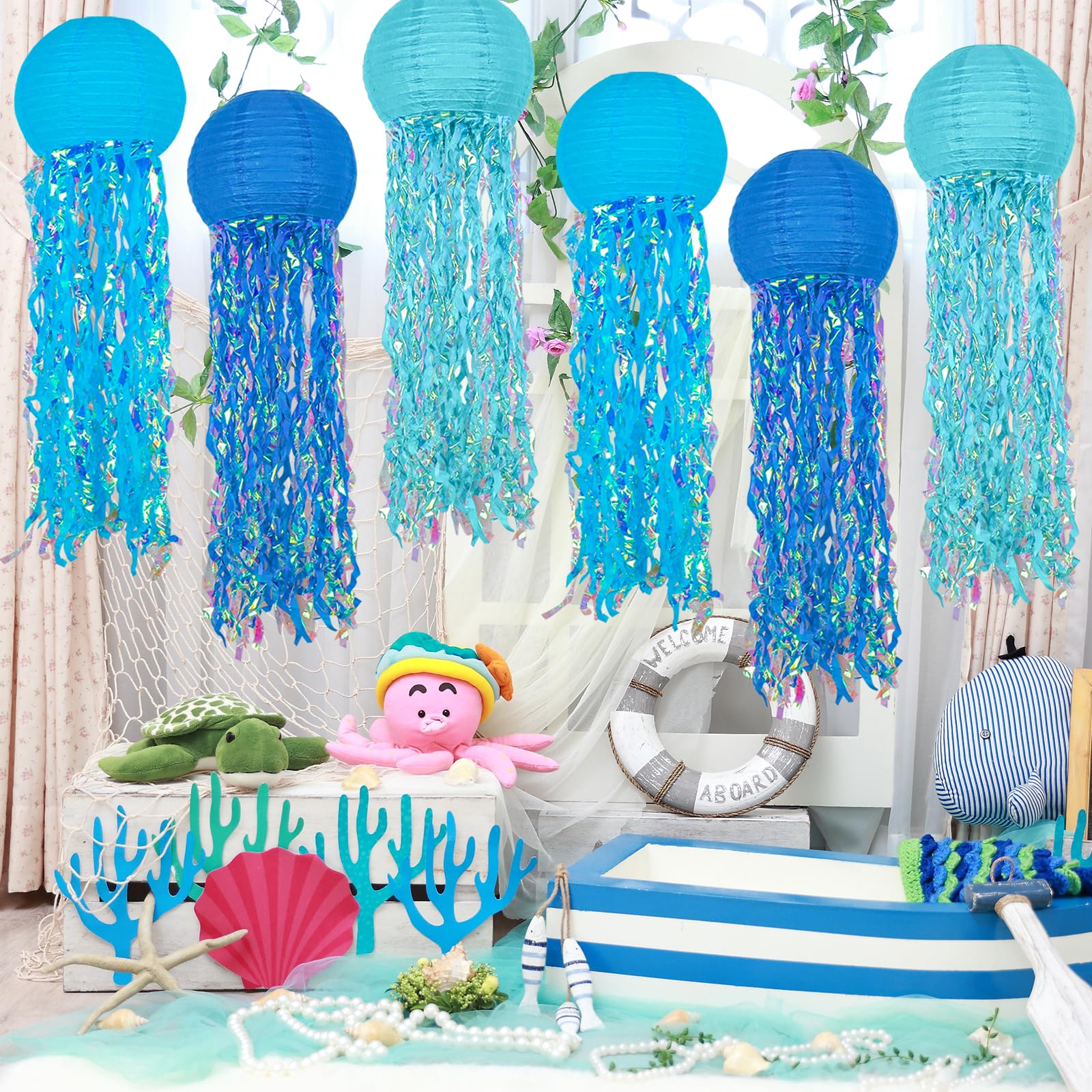 Hanging Jelly Fish Decoration, Blue Jellyfish Paper Lanterns - Jellyfish Decor For Mermaid Theme Party & Under The Sea Ocean Bir
