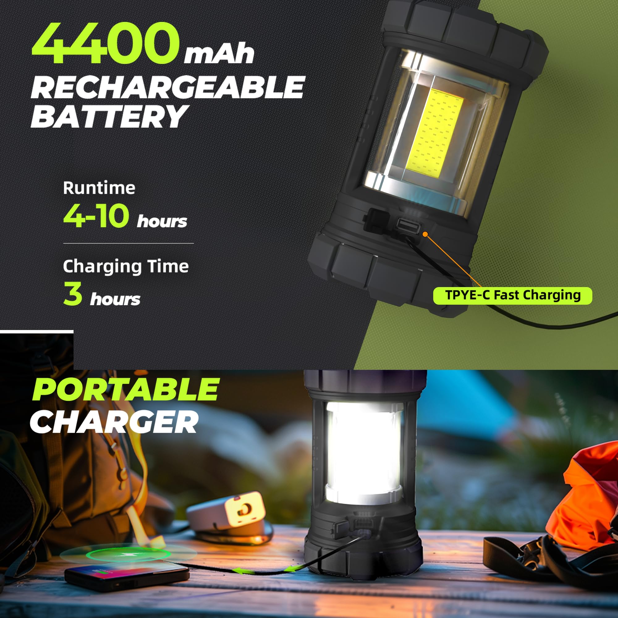 Favourlite Rechargeable Camping Lantern 3000LM 5 Light Modes LED Portable Waterproof Black ALS-6663-BK-US