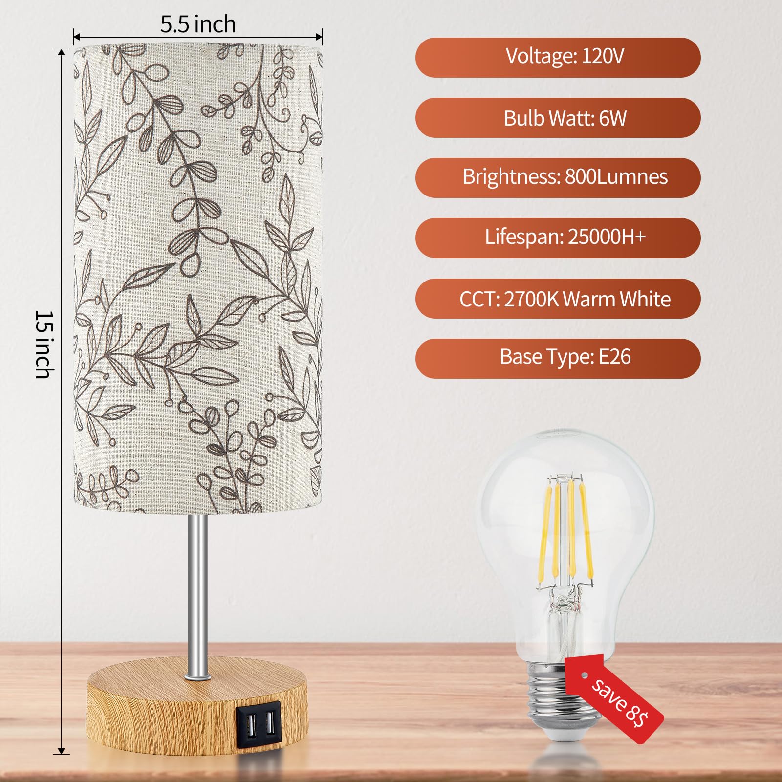 Bedside Touch Lamp, Wood Small Table Lamp For Bedroom With 2 Usb Charging Ports & Flower Fabric Shade, 3-Way Dimmable Nightstand