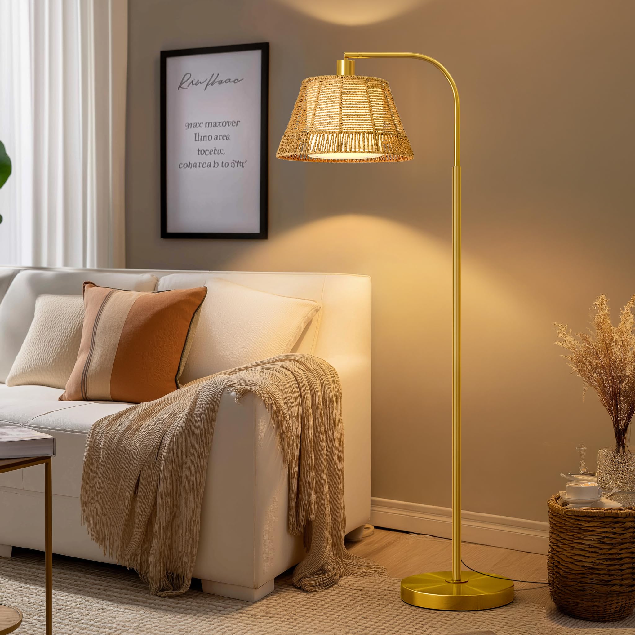 Oneach Arc Floor Lamp for Living Room Rattan Boho Floor Lamp with Hand-Woven Wicker & Fabric Shade  Foot Switch Gold Metal Base & Pole Farmhouse Standing Lamp for Bedroom Corner Office Reading