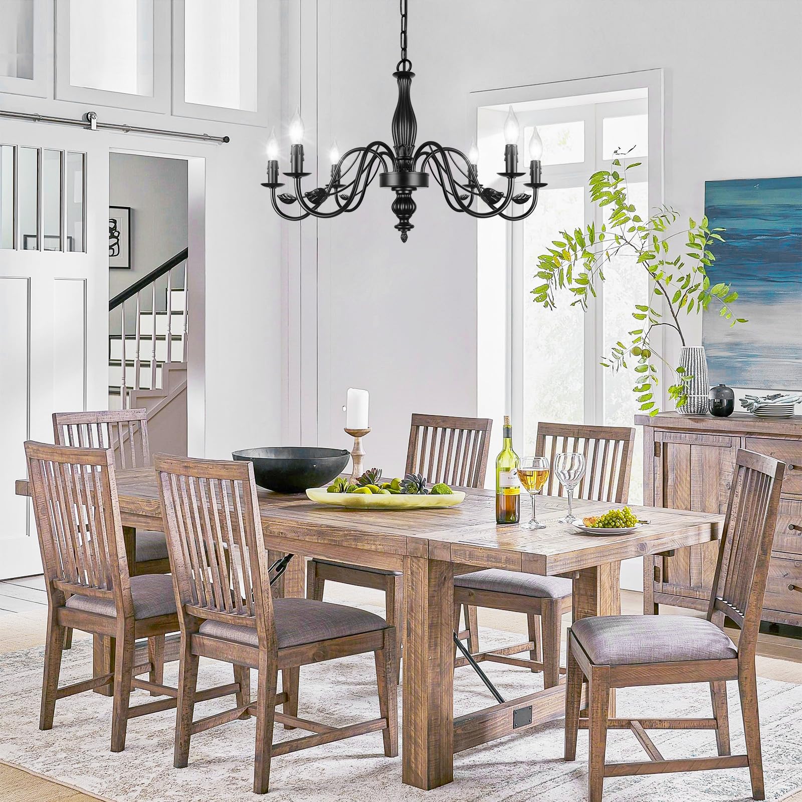 29 Black Chandelier For Dining Room  Modern Farmhouse 6-Light Light Fixture Hanging  Industrial Kitchen Lighting Fixtures With Leaf  Vintage Chandeliers Over Table For Bedroom Foyer Living Room