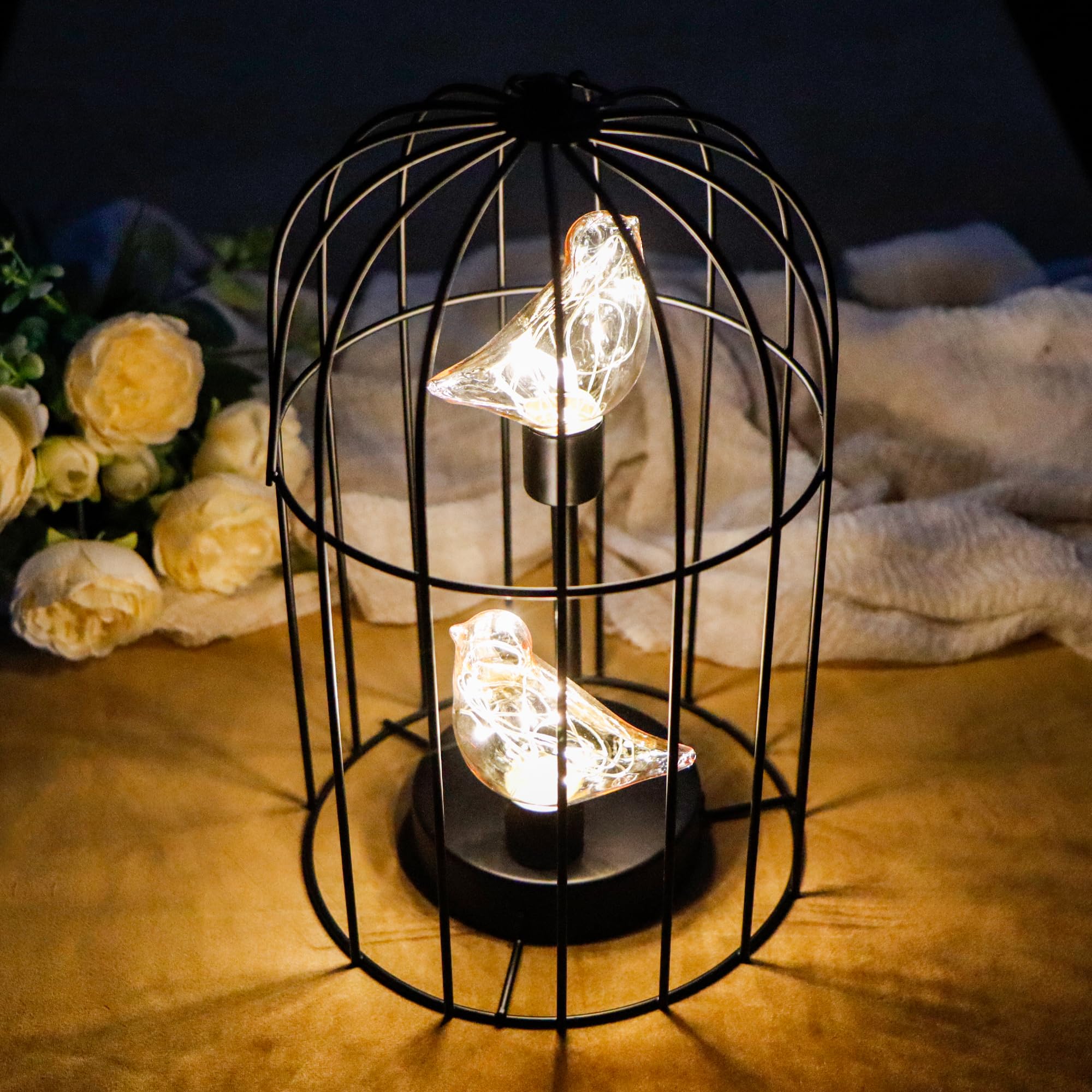 Jhy Design Birdcage Decorative Lamp Battery Operated 12'' H Cordless Table Lamp With Warm White Fairy Lights Bird Bulb For Indoo