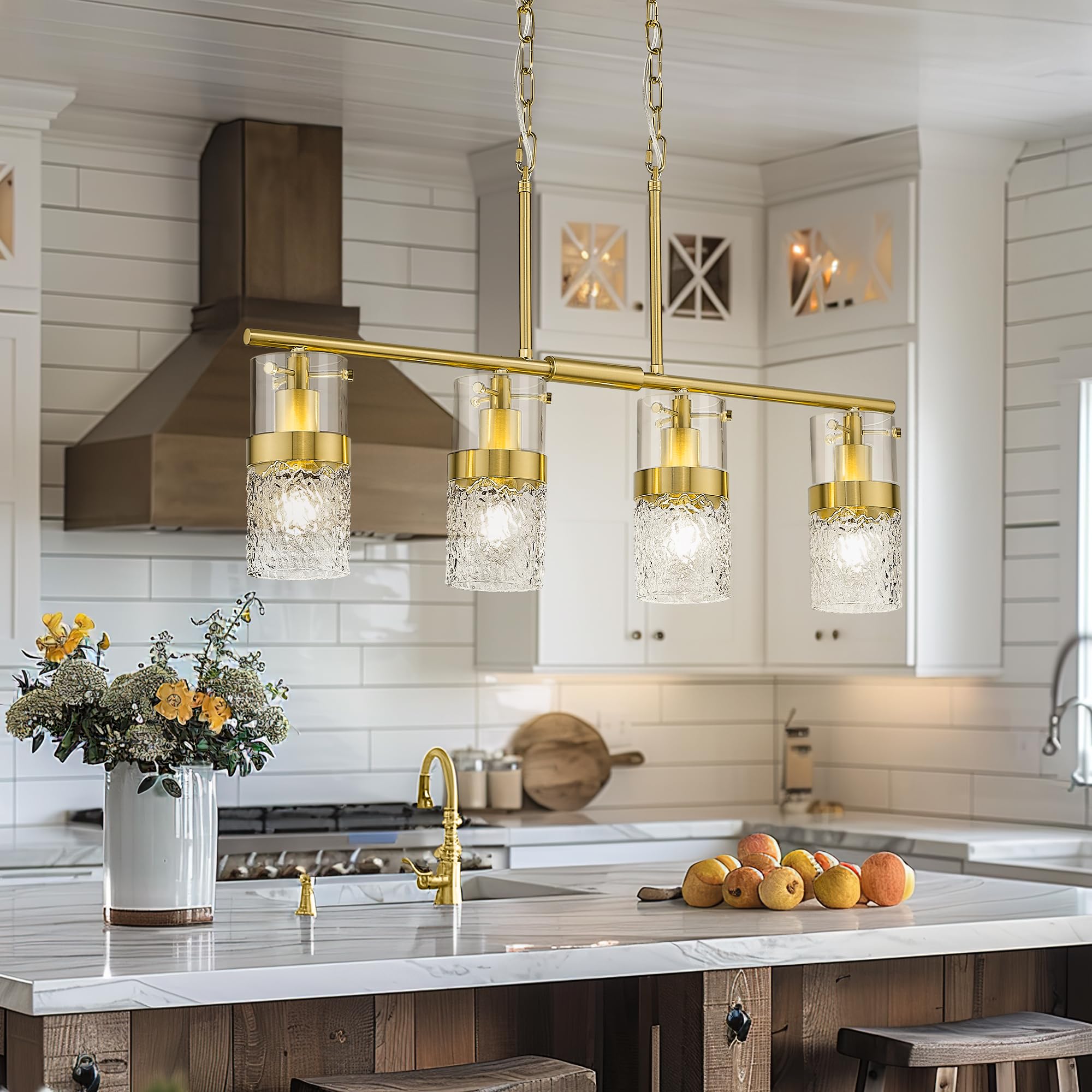 LMS 4-Light Brushed Gold Island Chandelier Lights for Kitchen, Mid Century Pendant Light with Hammered Glass Shade, Farmhouse Di