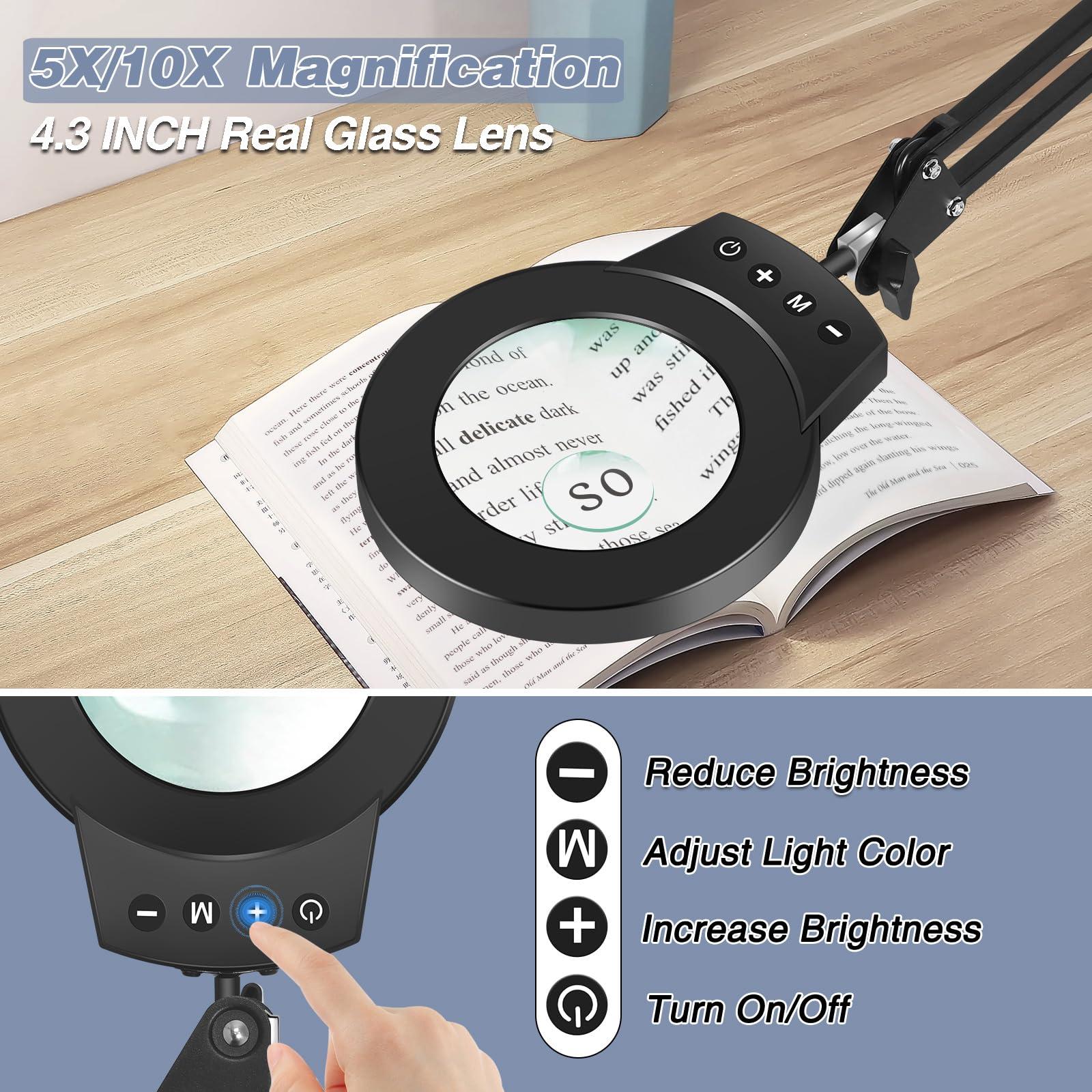 Noevsbig Magnifying Glass Light 10X 5X Swing Arm Desktop Stand Desk Lamp Close Work Up For Table Crafting, Reading, Sewing, Mode