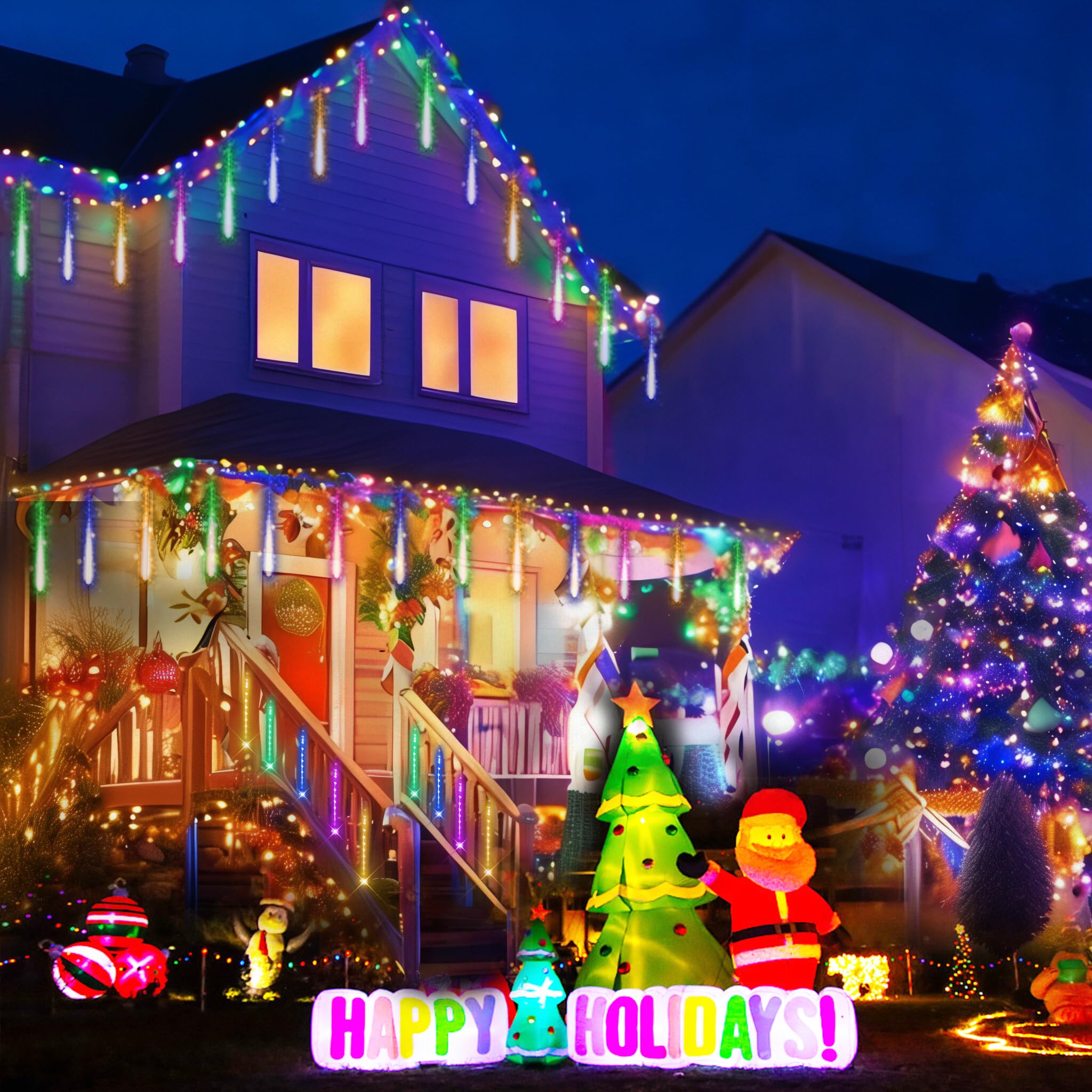 Purtuemy Outdoor Christmas Decorations: Meteor Shower Rain Lights Outdoor 24Tubes(Equivalent To 3 Sets Of 8-Tubes) Icicle Christ