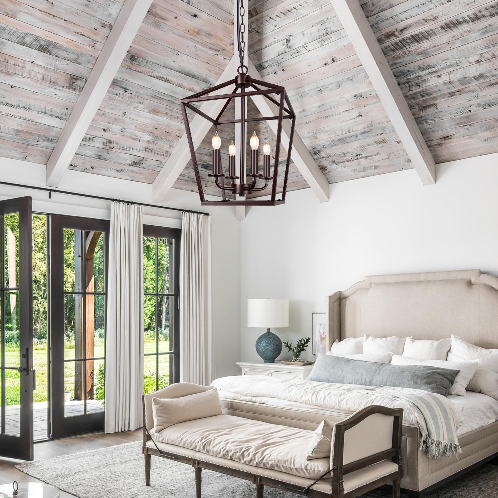 Farmhouse Chandelier 4-Light  Oil-Rubbed Bronze Pendant Light Fixture For Kitchen Island Dining Room  Lantern Industrial Lighting Ceiling Hanging With Metal Cage Adjustable Height For Entryway Foyer