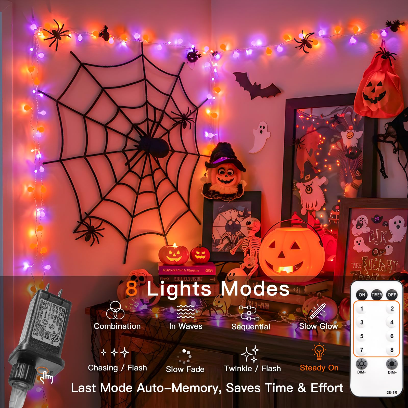 Suddus Halloween Lights Indoor With Remote  33Ft 100 Led Purple And Orange Globe String Lights  Fairy Lights Plug In With 8 Lighting Modes For Bedroom  Home  Office  Halloween Decorations