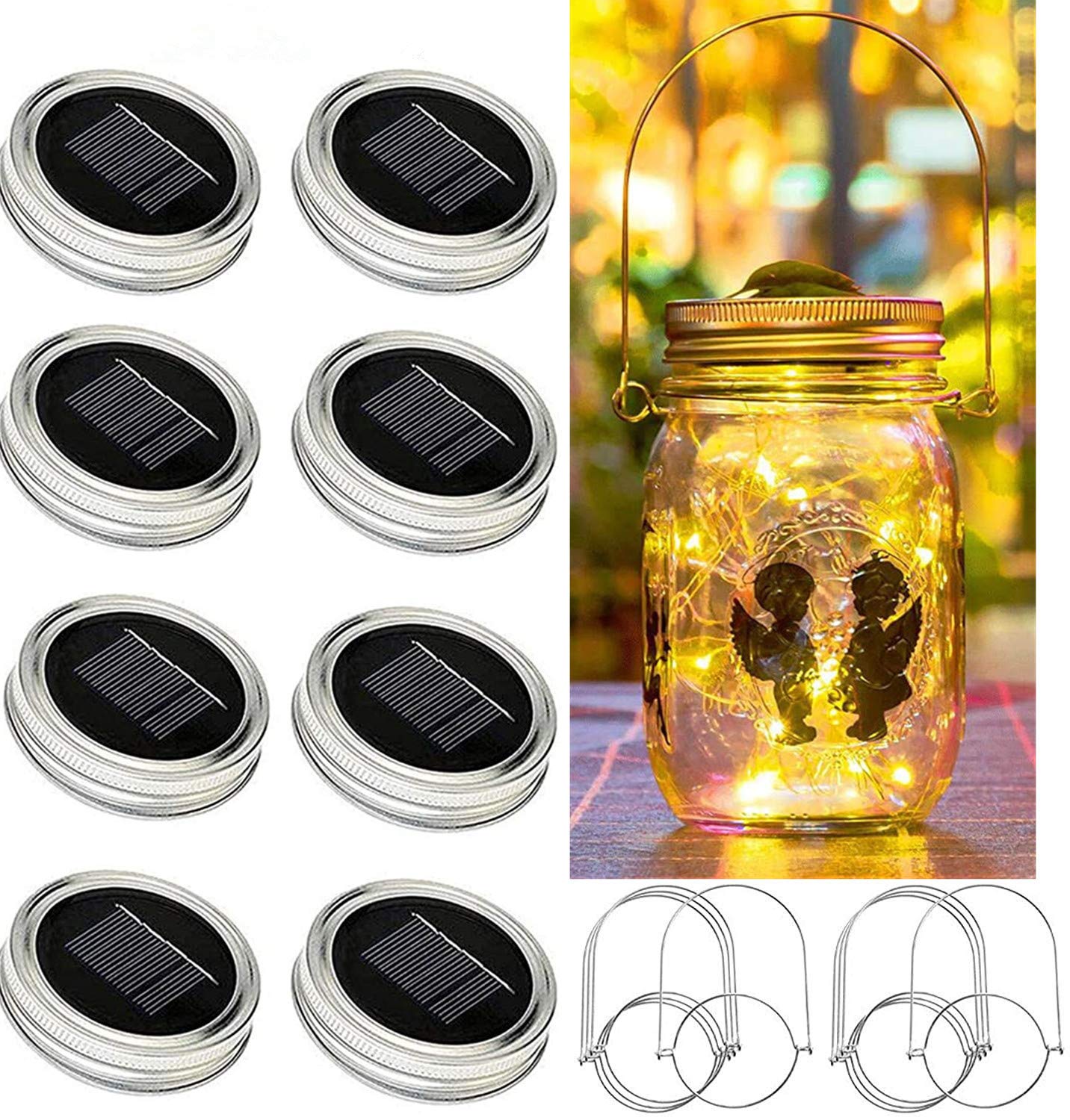 YJFWAL Updated Solar Mason jar Lights, 8 Pack 30 Led Waterproof Fairy Firefly jar Lights, with 8 Hangers(NO Jars) for Regular Mo