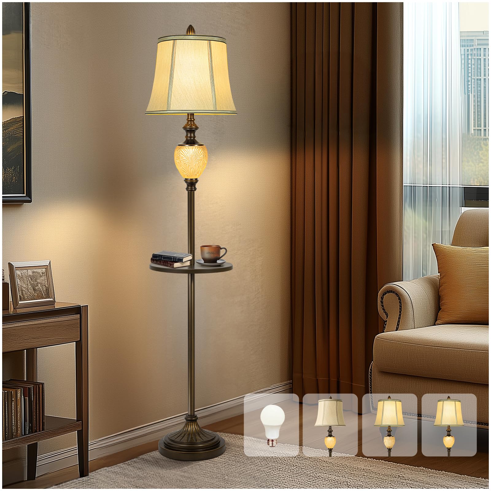 64'' Vintage Floor Lamp for Living Room with Tray and Nightlight Farmhouse Tall Standing Lamp with Beige Faux Silk Shade Rustic 