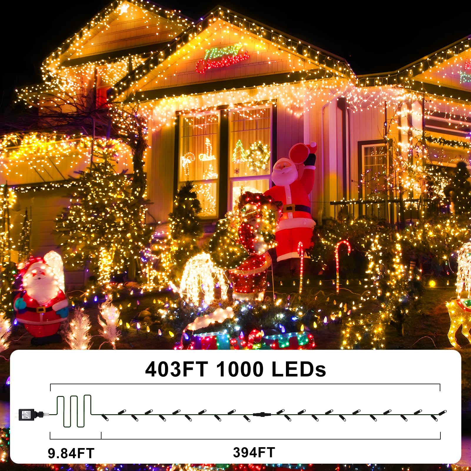 KNONEW 1000 LED String Lights - 403ft Warm White Outdoor Fairy Lights, 8 Modes, Waterproof, Dark Green Wire, Model 68KN-168LIG-NIU