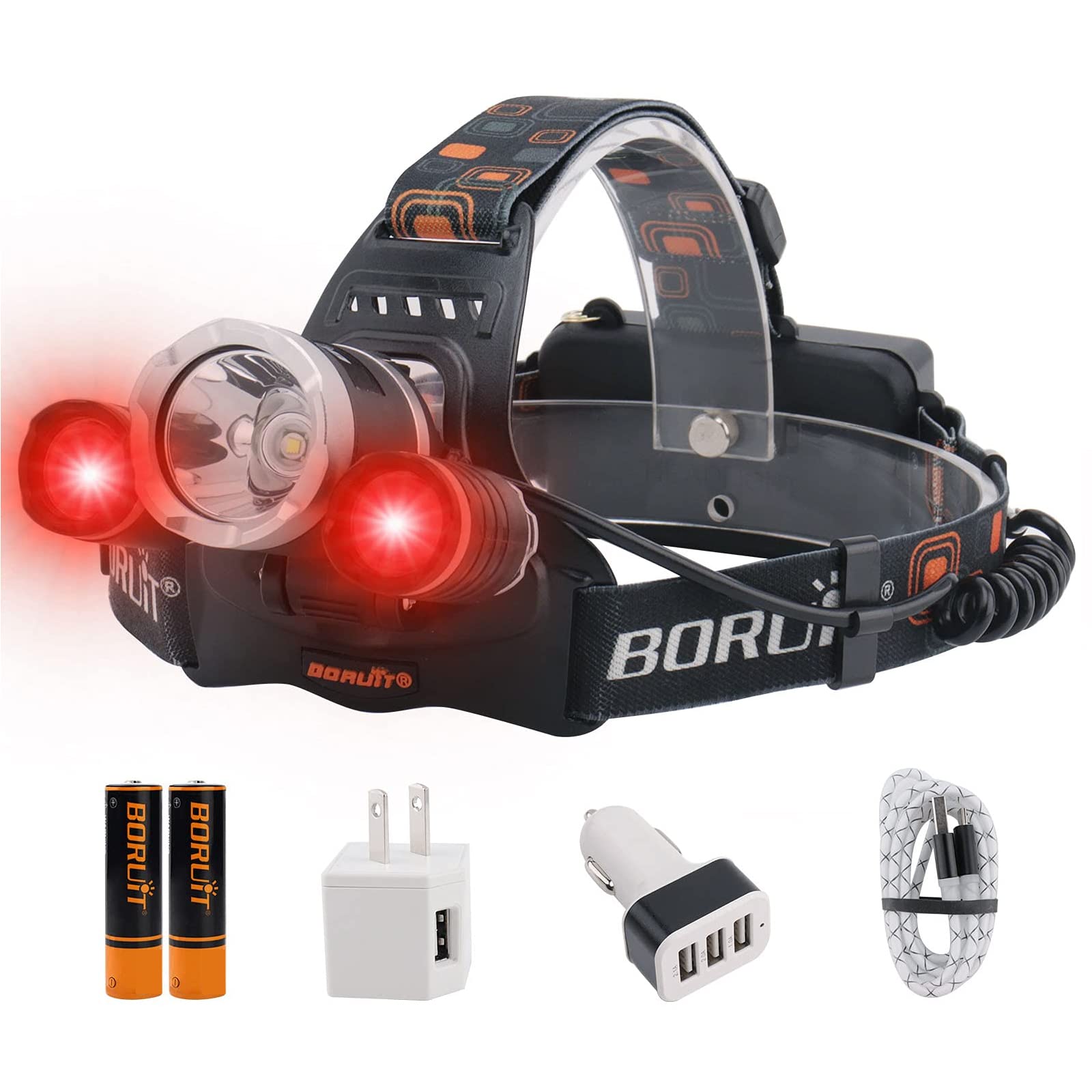 BORUIT RJ-3000 Rechargeable LED Headlamp - 5000 Lumens, Red Light, 3 Modes, IPX4 Waterproof, USB - Ideal for Fishing & Camping