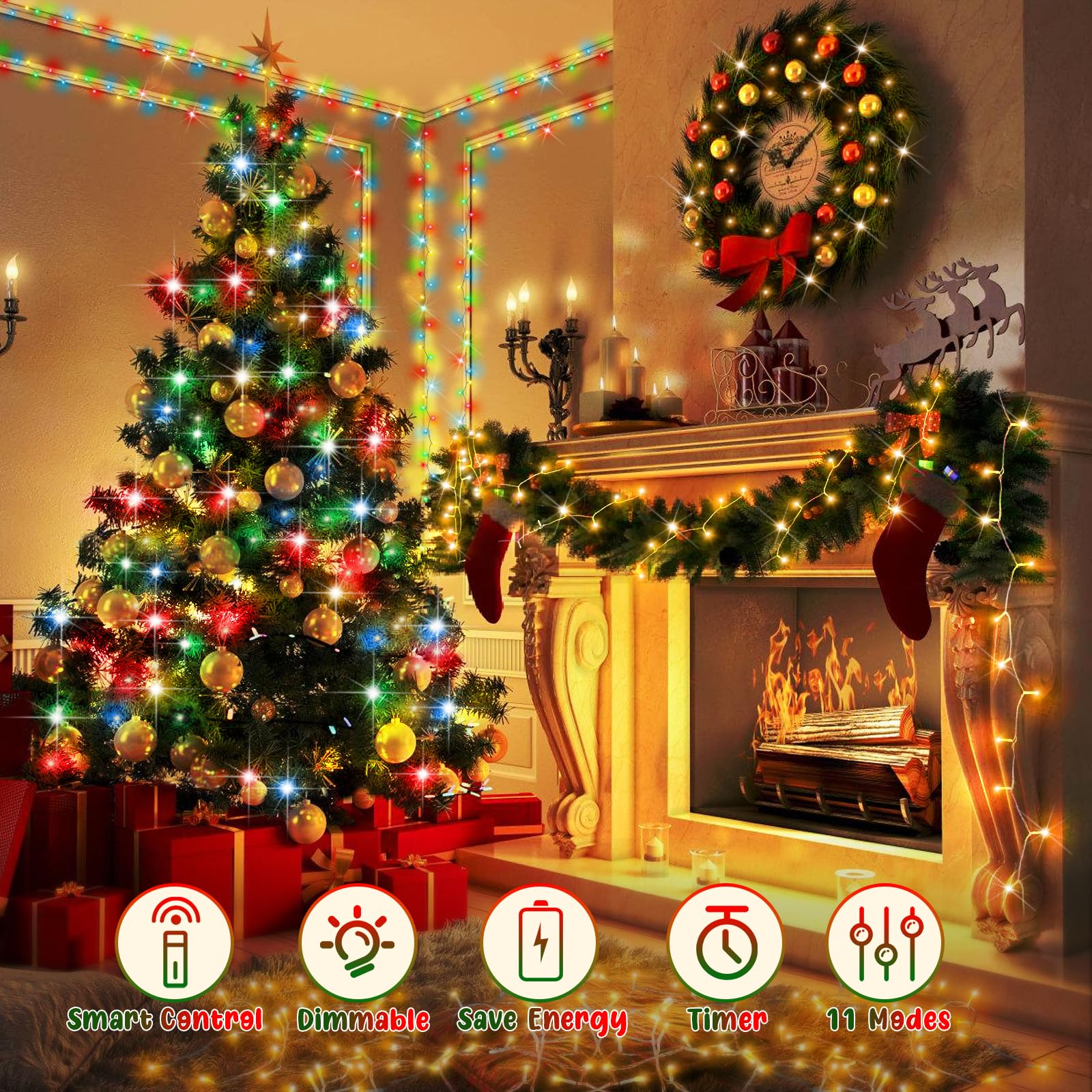 Hezbjiti 1000LED Color Changing Christmas Lights, 403FT Green Wire, IP44 Waterproof, Warm White & Multicolor, 11 Modes