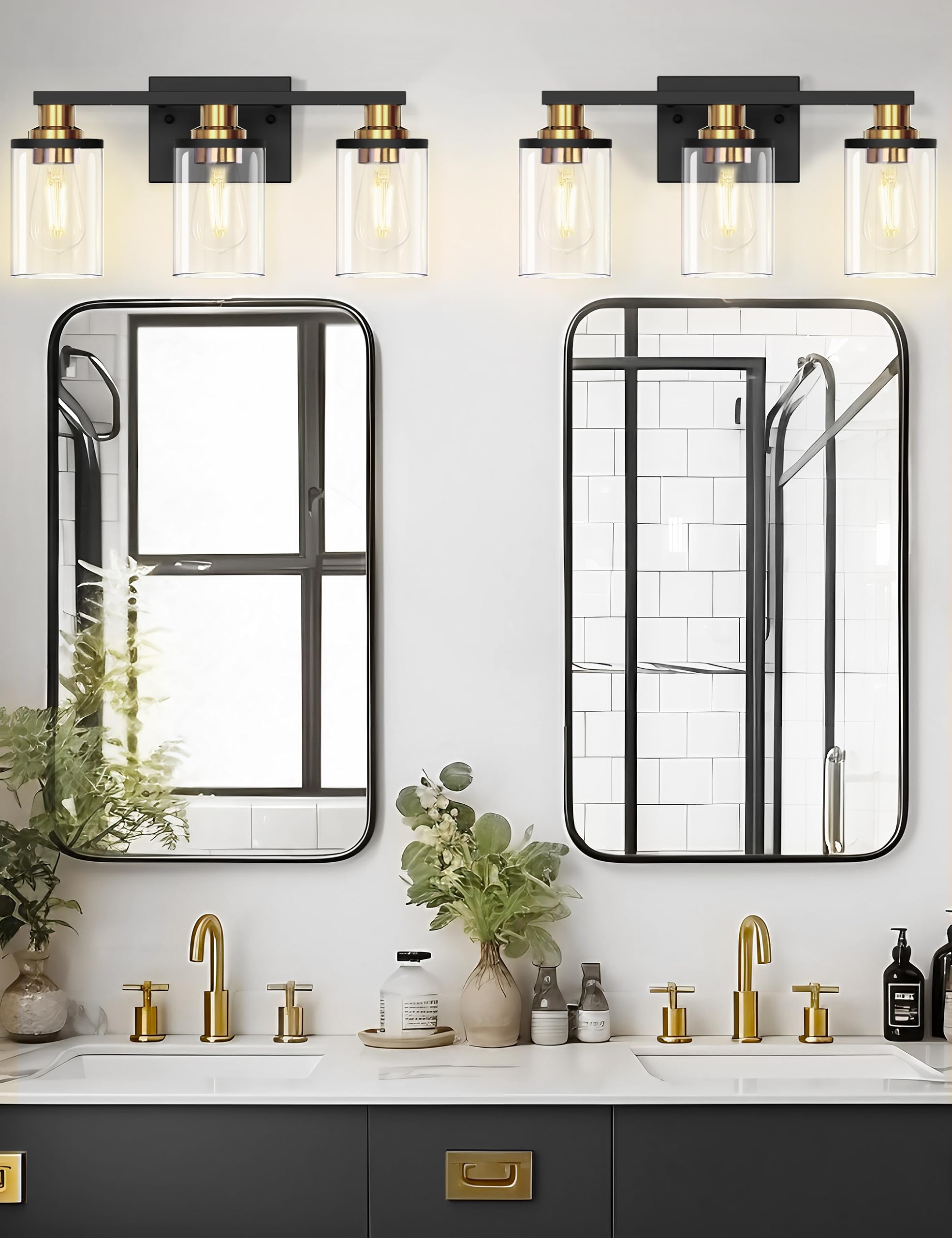 DORESshop Bathroom Light Fixtures, 3-Light Vanity Lights, Black and Gold, Glass Shade, ETL Listed