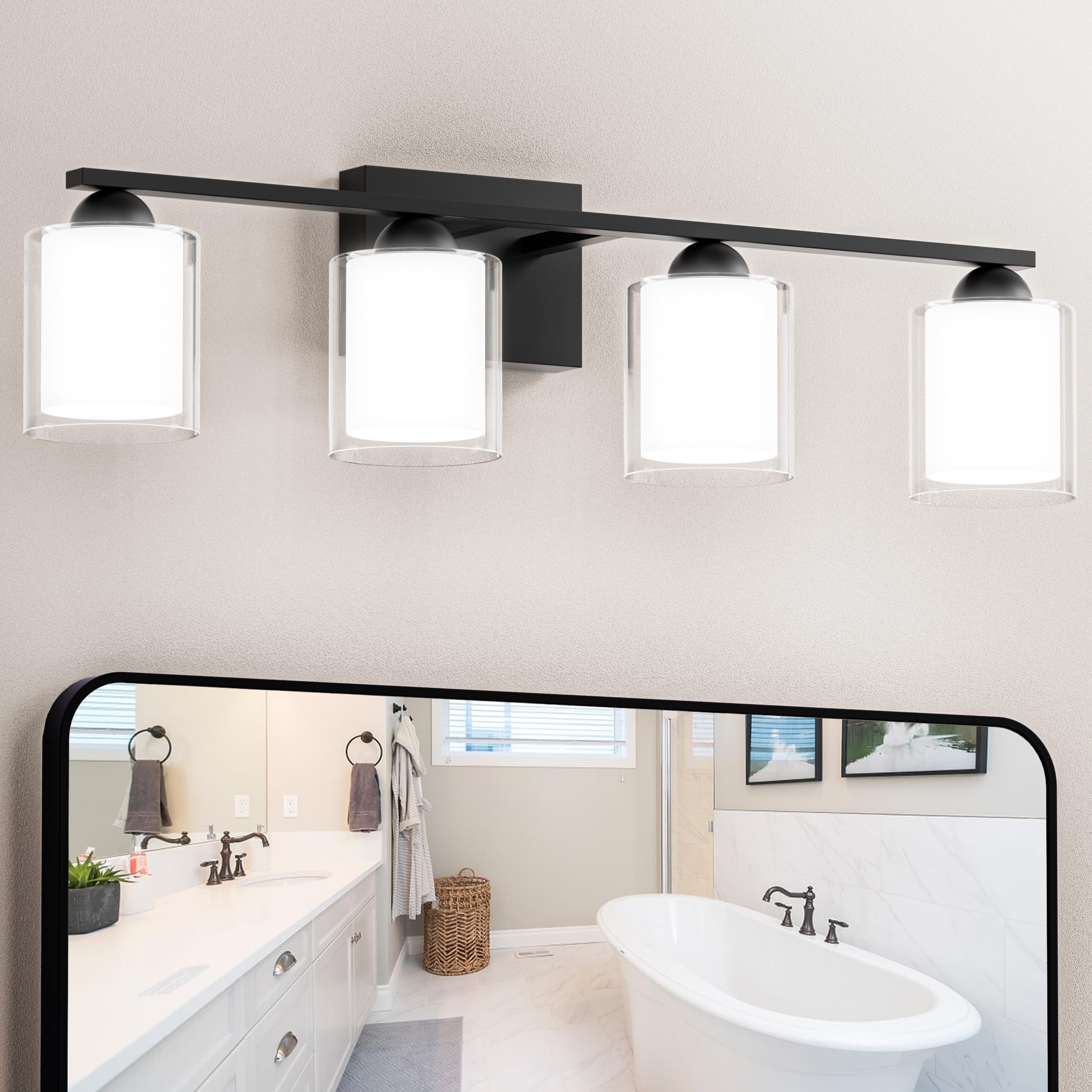 Quntis Black Bathroom Lighting Fixtures Over Mirror With 5 Color Modes  4 Light Dimmable Led Bathroom Vanity Light  With Eye Care Milk White Frosted Glass  28W Energy Saving  27 Inch (Bulbs Included)
