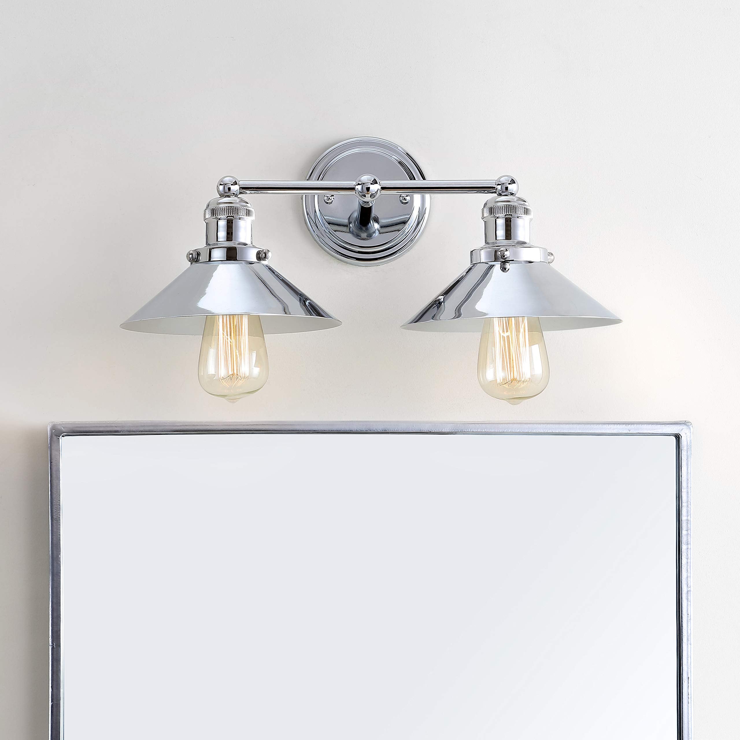 JONATHAN Y 2-Light Metal Shade Farmhouse Sconce, Chrome, Model JYL7424A, Includes Edison 25W Bulbs, Ideal for Bedroom and Bathroom