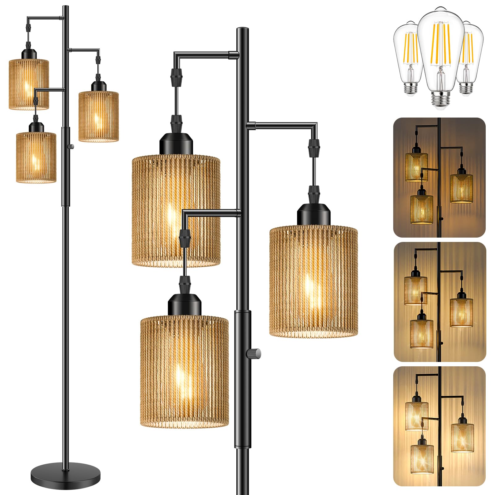 Hotsonic 72  Rattan Boho Floor Lamp, Tall Dimmable Standing Lamp with Handcrafted Brown Shade, Industrial Tree Floor Lamps for L