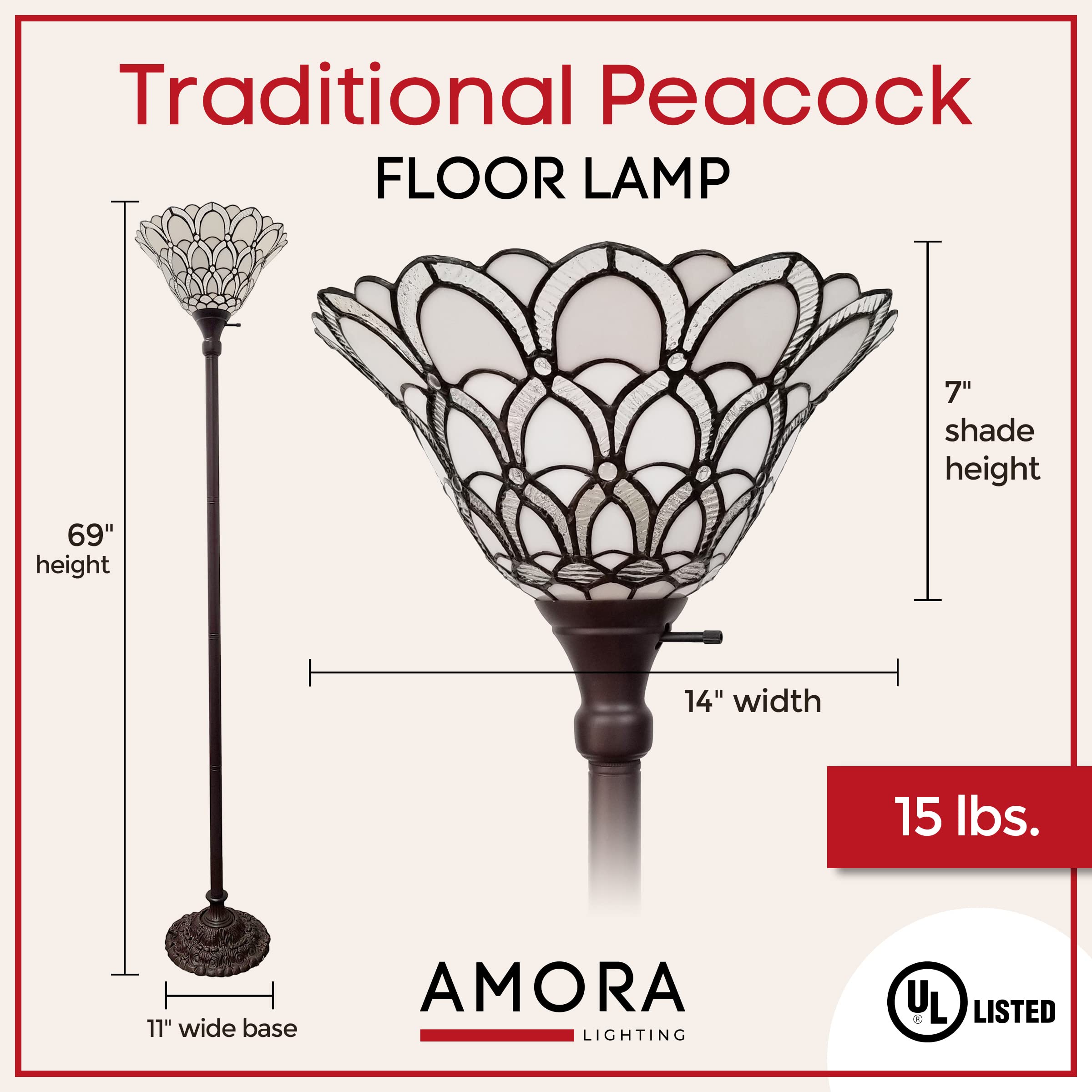 Amora Tiffany Floor Lamp Torchiere - Traditional Style Peacock Design 69    Stained Glass Lamp, Custom Handcrafted Pole Lamp Wit